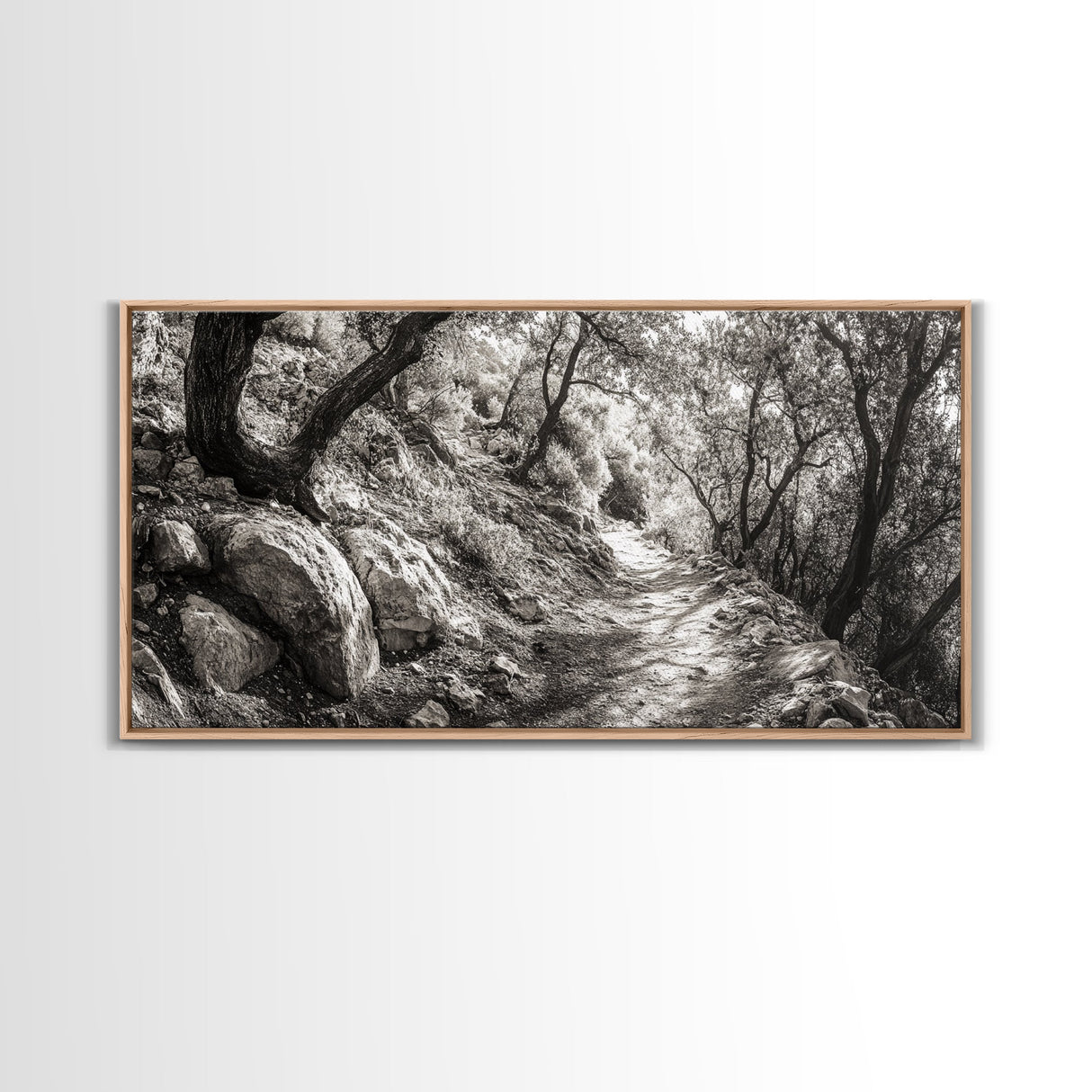 Woodland Trail, Autumn Path, Tree Tunnel, Rustic Outdoor Vibe, Framed Canvas Print, Entryway Nature Art, Moody Forest Decor