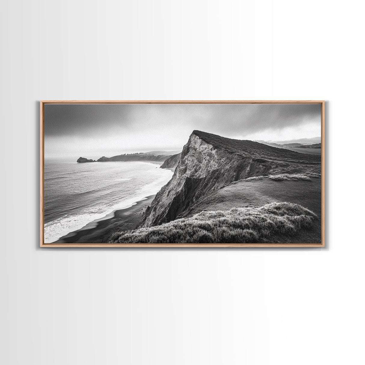Cliffside Shoreline, Coastal Landscape Art, Ocean Horizon Scene, Canvas Print, Living Room Wall Art, Modern Seaside Minimalist Decor