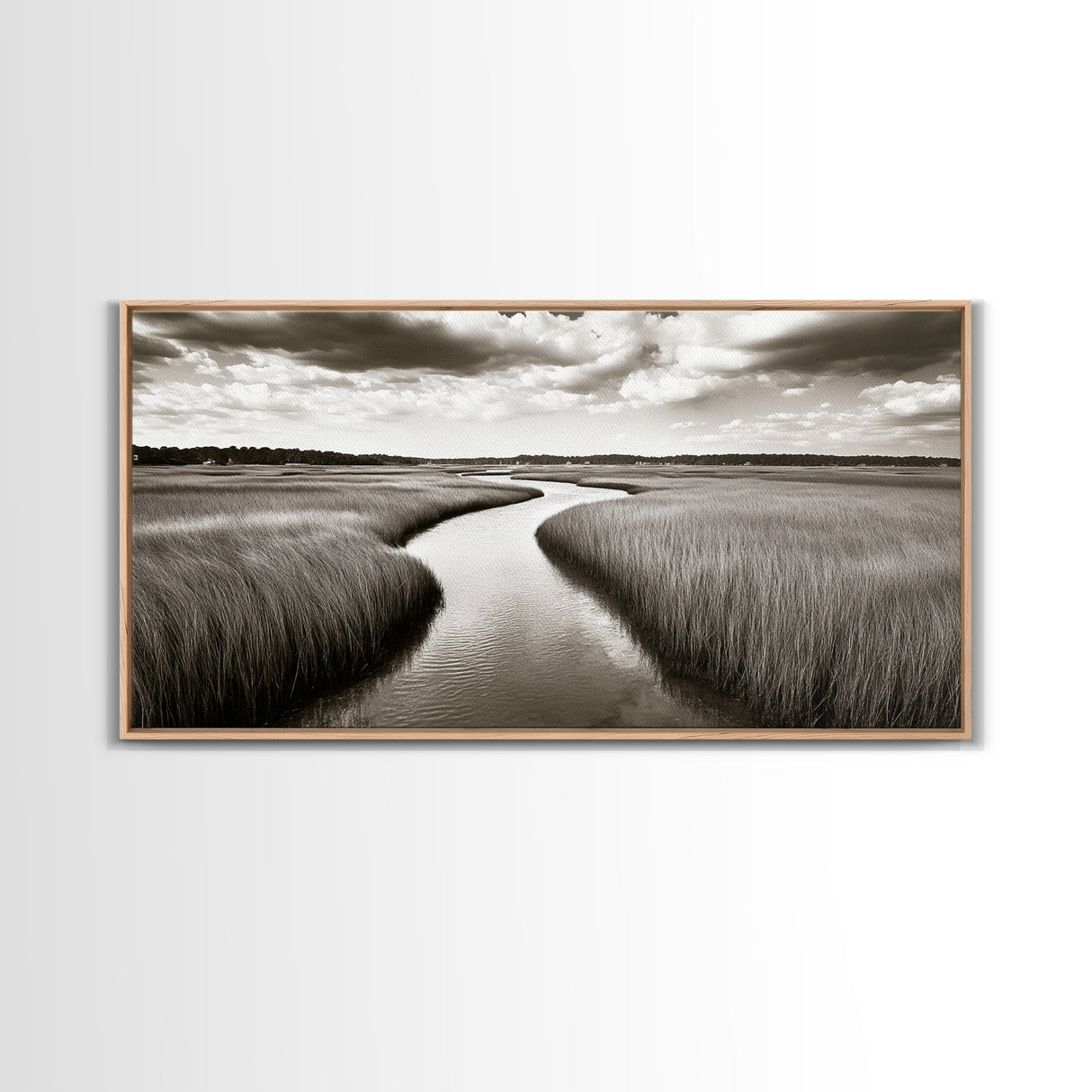 Winding River, Marsh Grass, Nature Path, Sepia Tones, Framed Canvas Print, Country Wall Art, Entryway Decor, Rustic Landscape Aesthetic