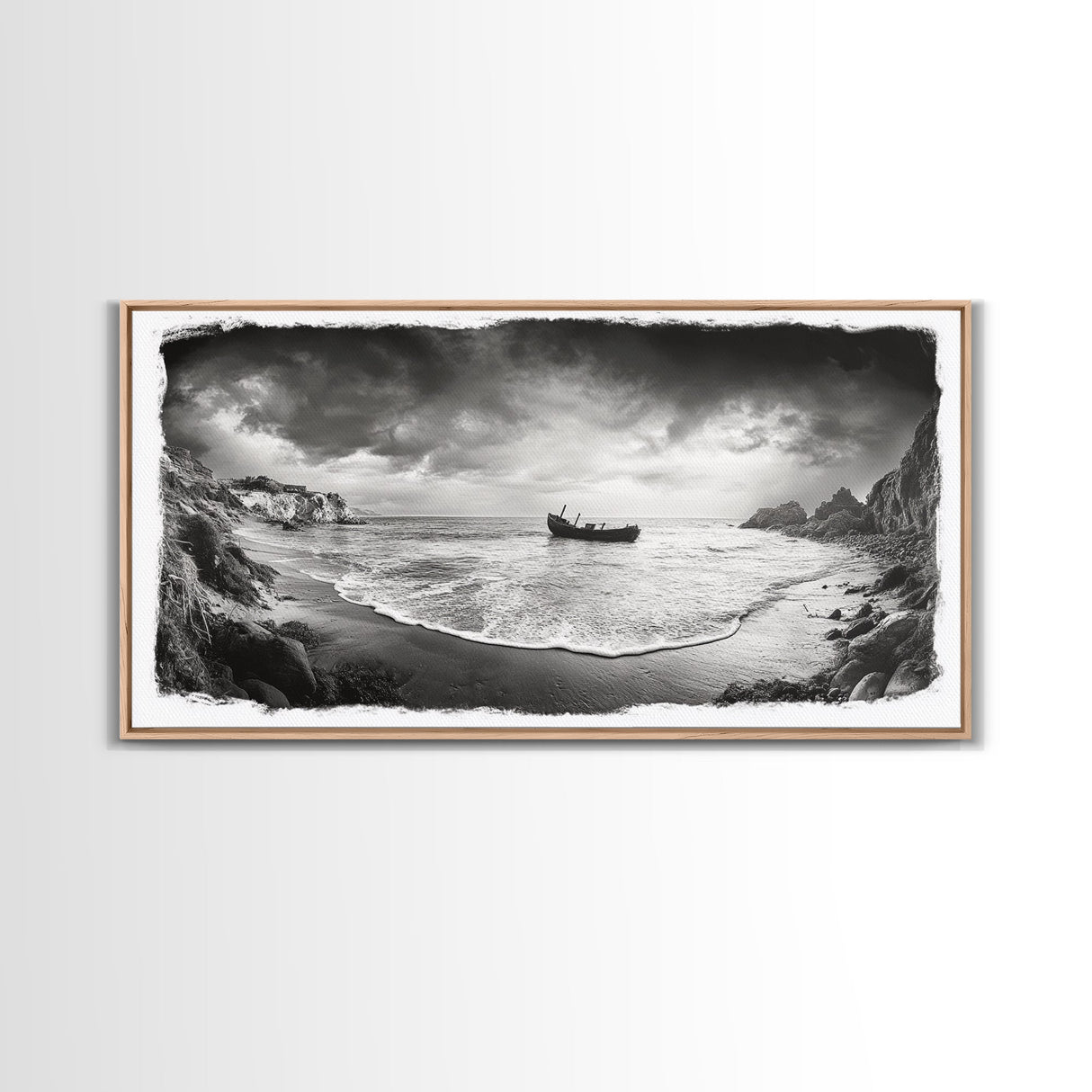 Shipwreck Beach Scene, Dramatic Coastline, Black and White Decor, Framed Canvas Print, Moody Art, Coastal Wall Art, Rustic Bedroom Print