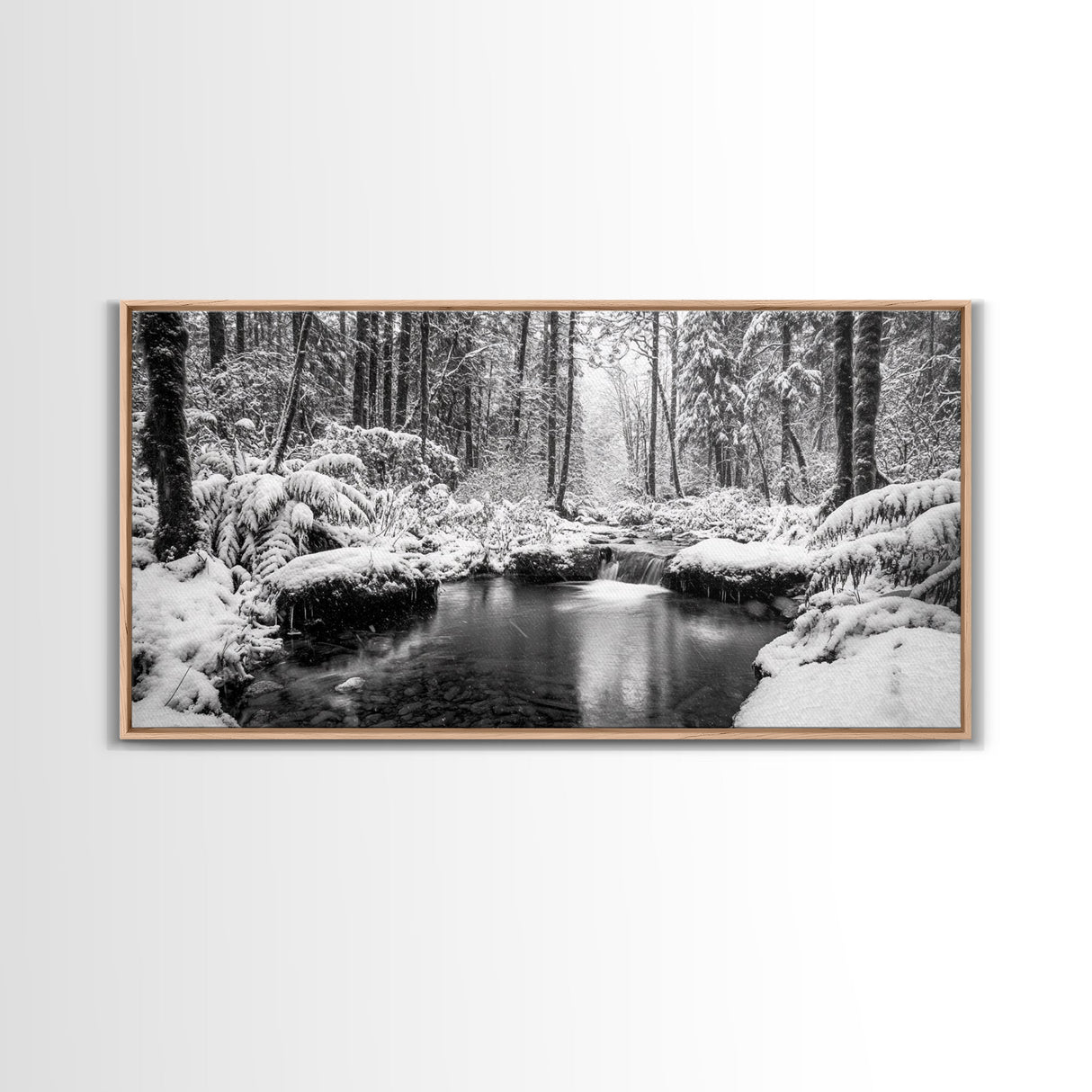 Winter Forest Creek, Snow Covered Trees, Black and White Tranquil Art, Canvas Print, Holiday Wall Art, Nature Lover Gift, Cozy Vibe