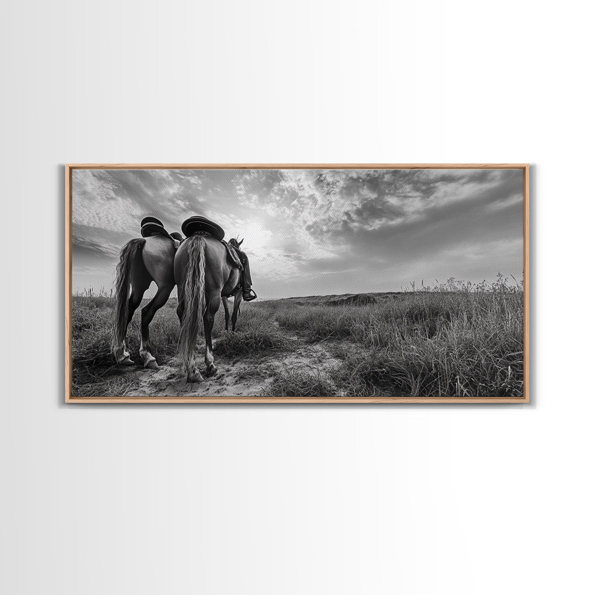 Grazing Horses, Cowboy Duo, Open Field, Equestrian Love Scene, Canvas Print, Western Wall Art, Rustic Ranch Living Room Decor