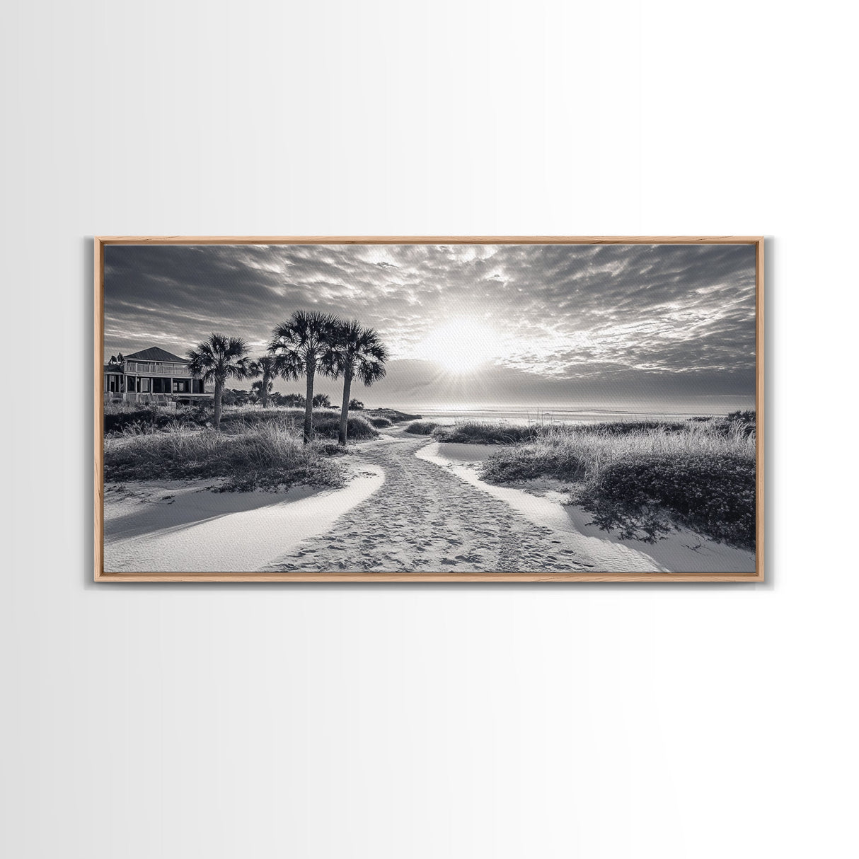 Beach Path Sunrise, Coastal Home, Nature Photography, Framed Canvas Print, Entryway Art, Coastal Grandmillennial Decor, Morning Light Scene