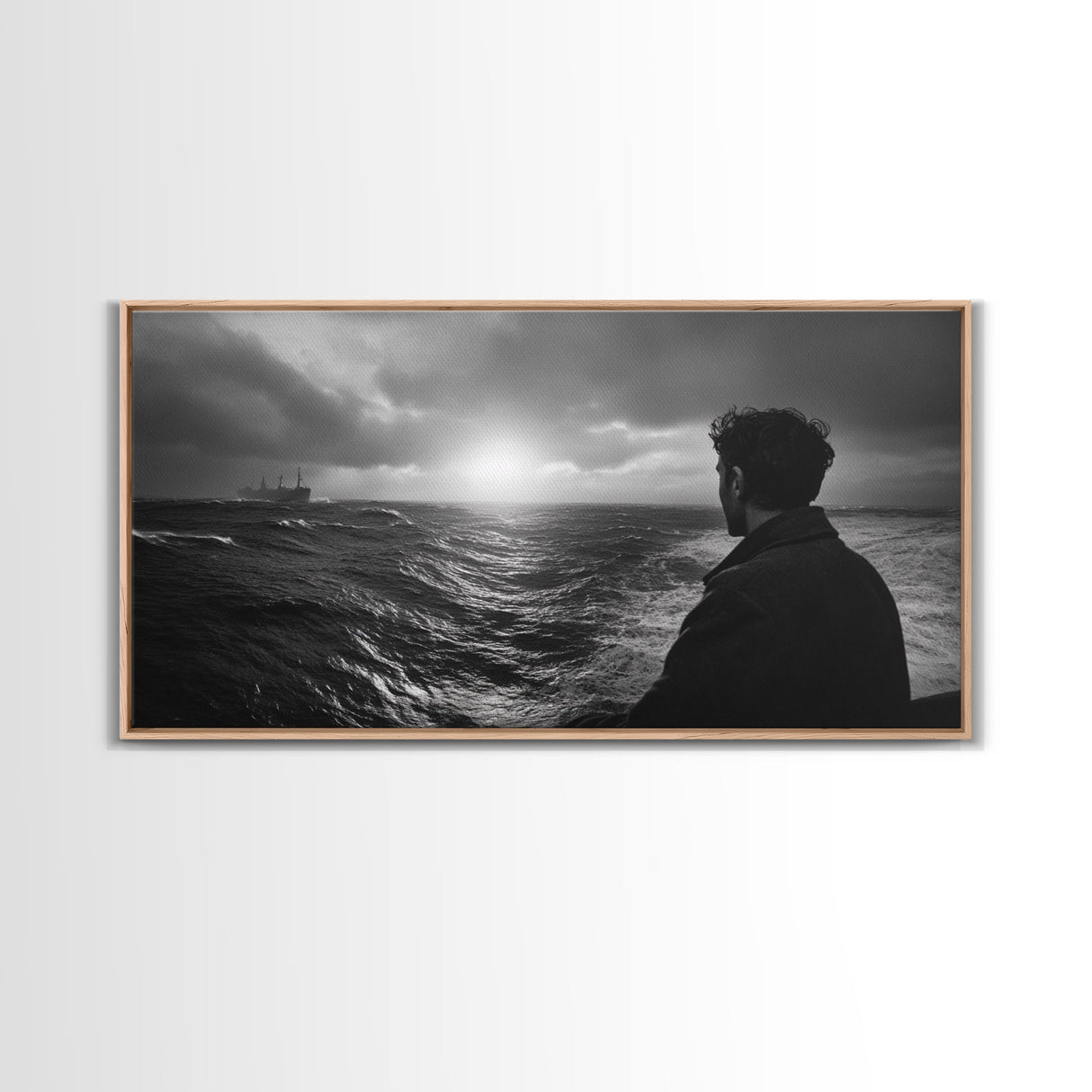 Man Watching Sea, Stormy Ocean View, Emotional Scene, Canvas Print, Moody Coastal Decor, Office Wall Art, Nautical Monochrome Style