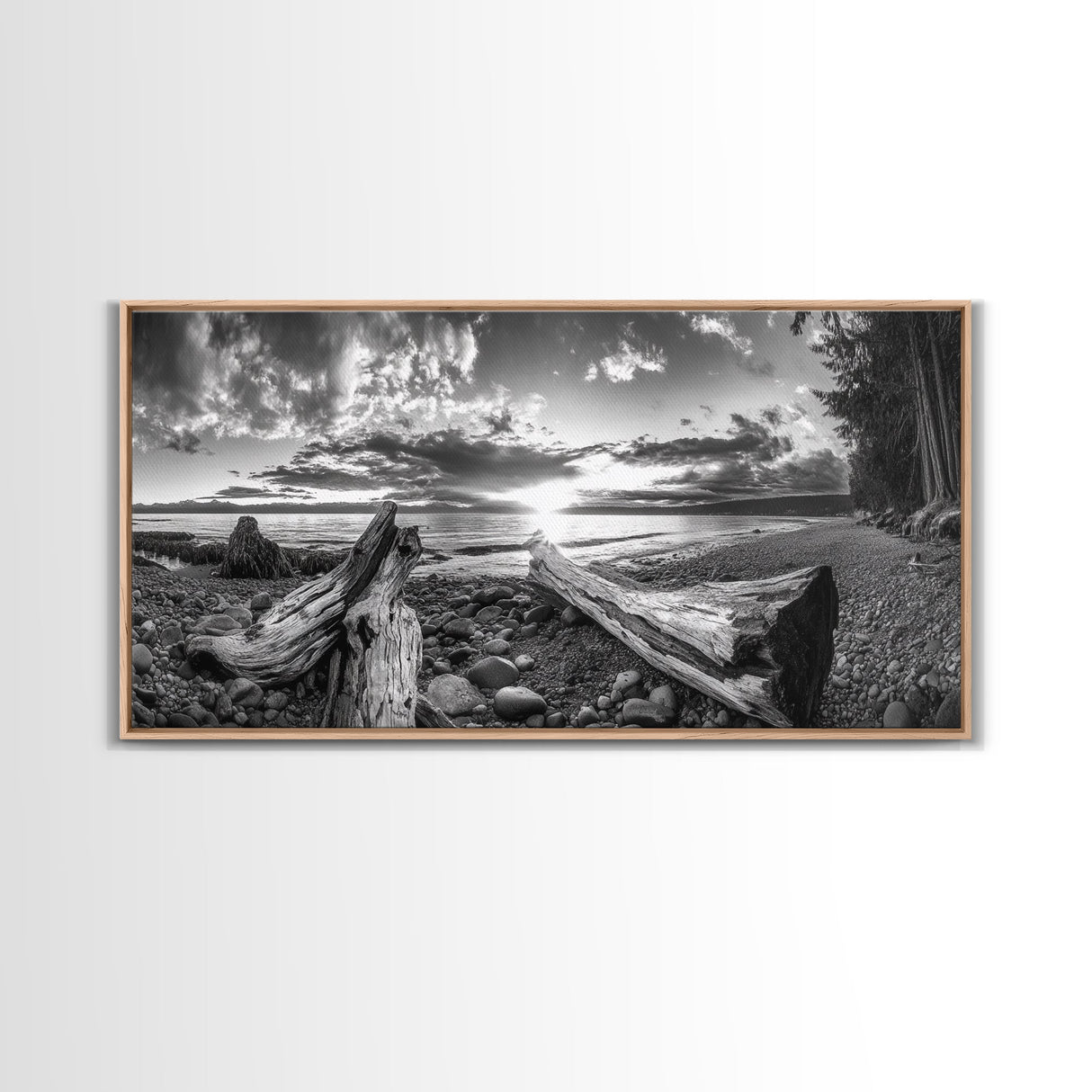 Driftwood Coastline, Rocky Beach Sunset, Nature Wall Art, Framed Canvas Print, Rustic Lake House Decor, Fall Coastal Aesthetic