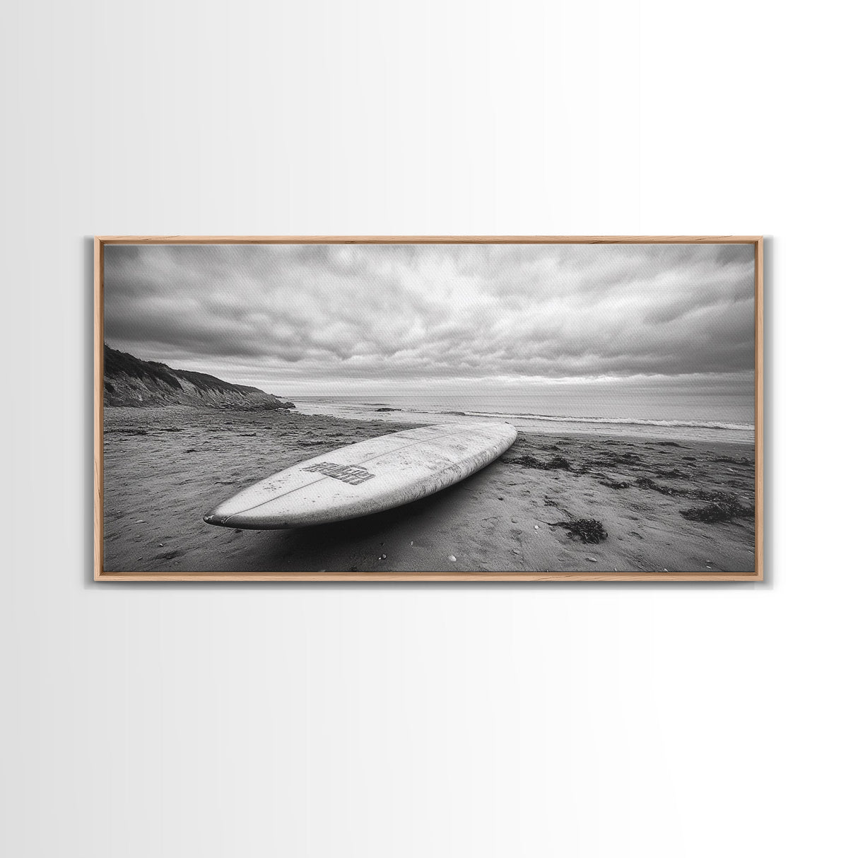 Surfboard, Coastal Shore, Serene Beach, Cloudy Sky, Framed Canvas Print, surfer room decor, rustic beach wall art, neutral home style