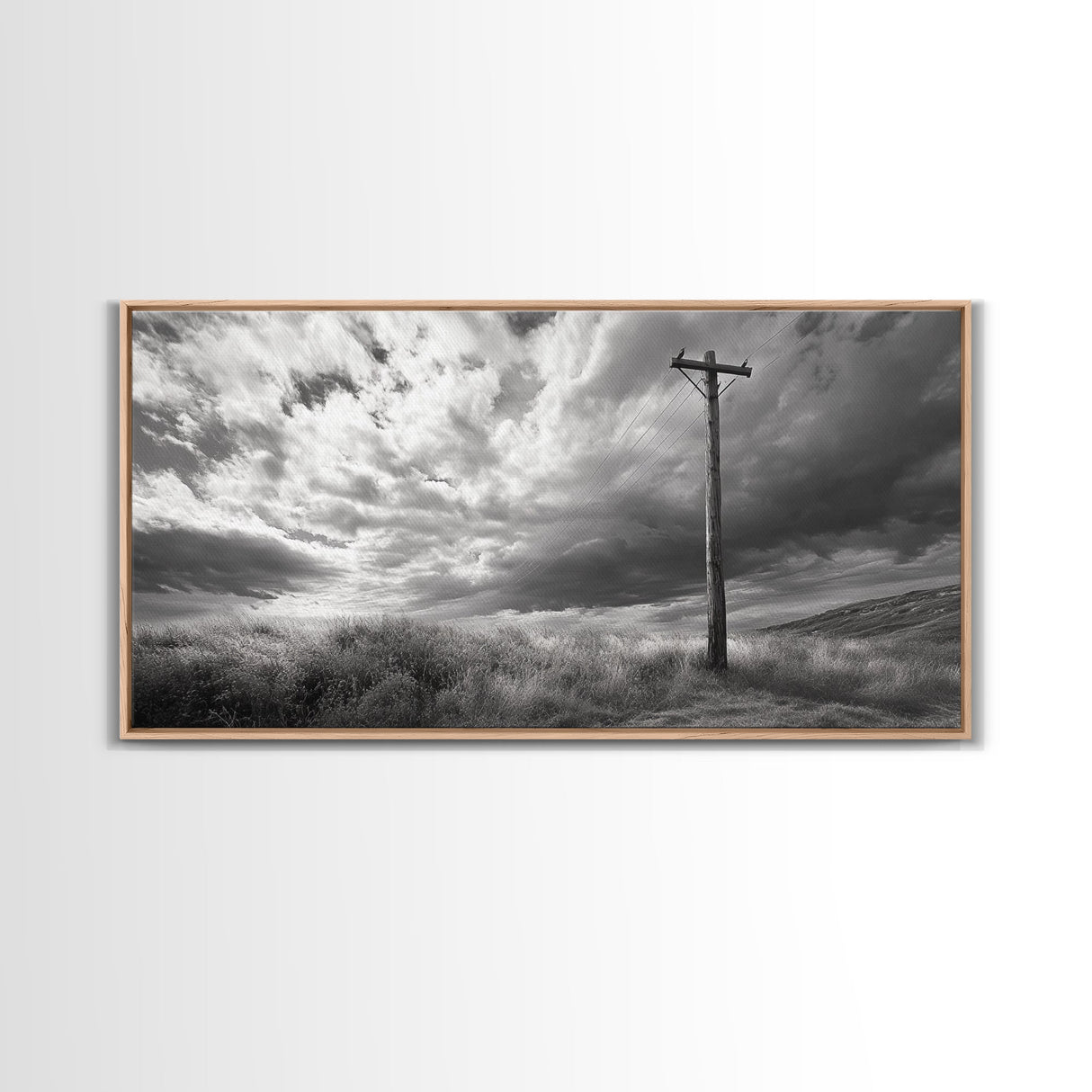 Power Pole, Rural Landscape, Stormy Sky, Country Calm, Framed Canvas Print, farmhouse entryway wall art, rustic black and white print