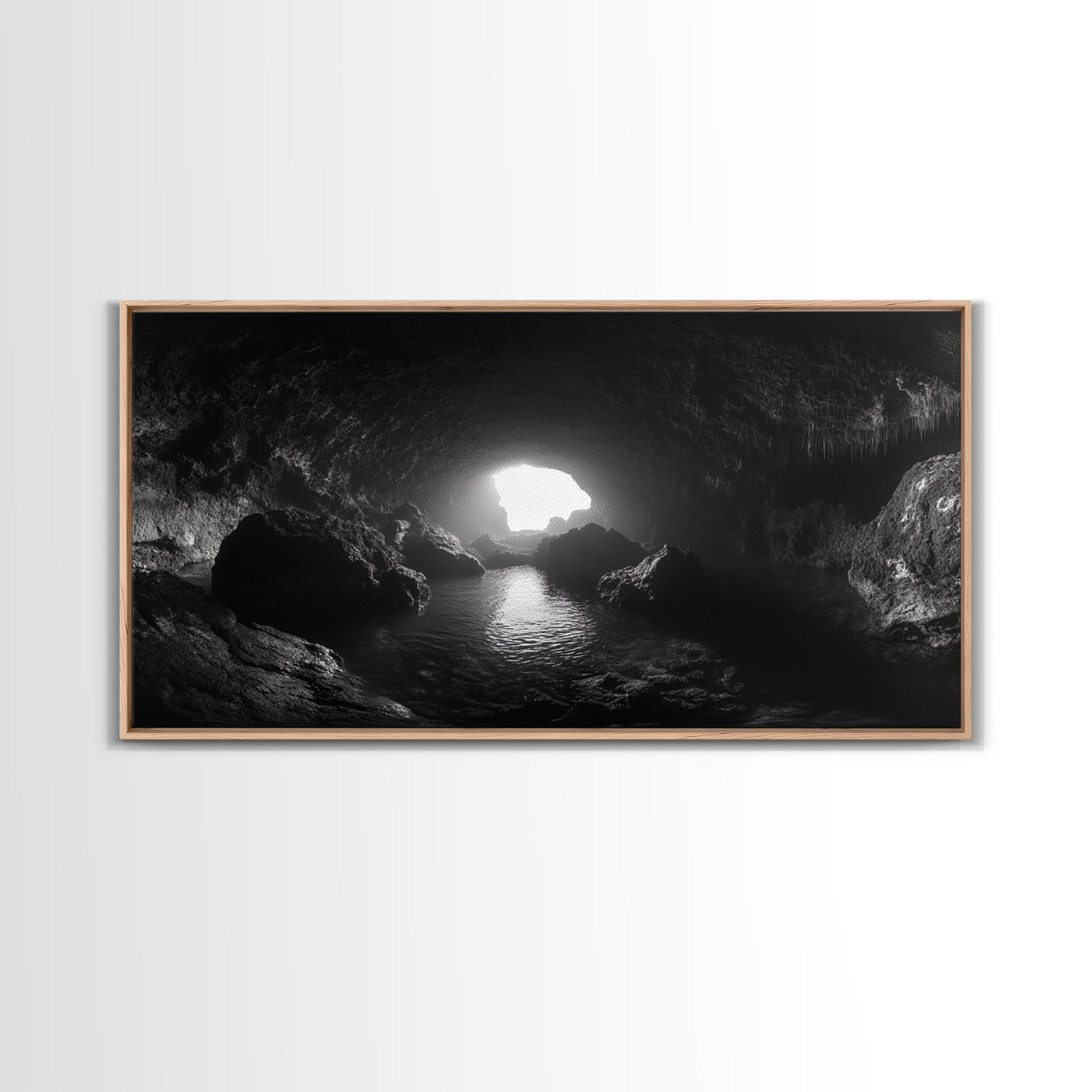 Sea Cave, Dark Ocean Cave, Natural Light Glow, Framed Canvas Print, Moody Nature Art, Living Room Wall Art, Monochrome Coastal Print