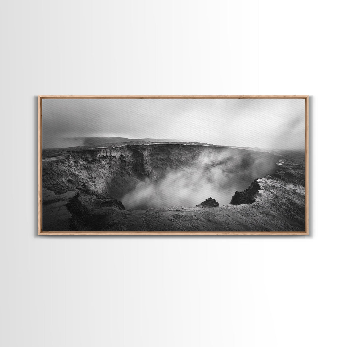 Volcanic Crater, Smoky Earth, Epic Landscape, Framed Canvas Print, Dramatic Nature Art, Study Room Decor, Moody Monochrome Photography