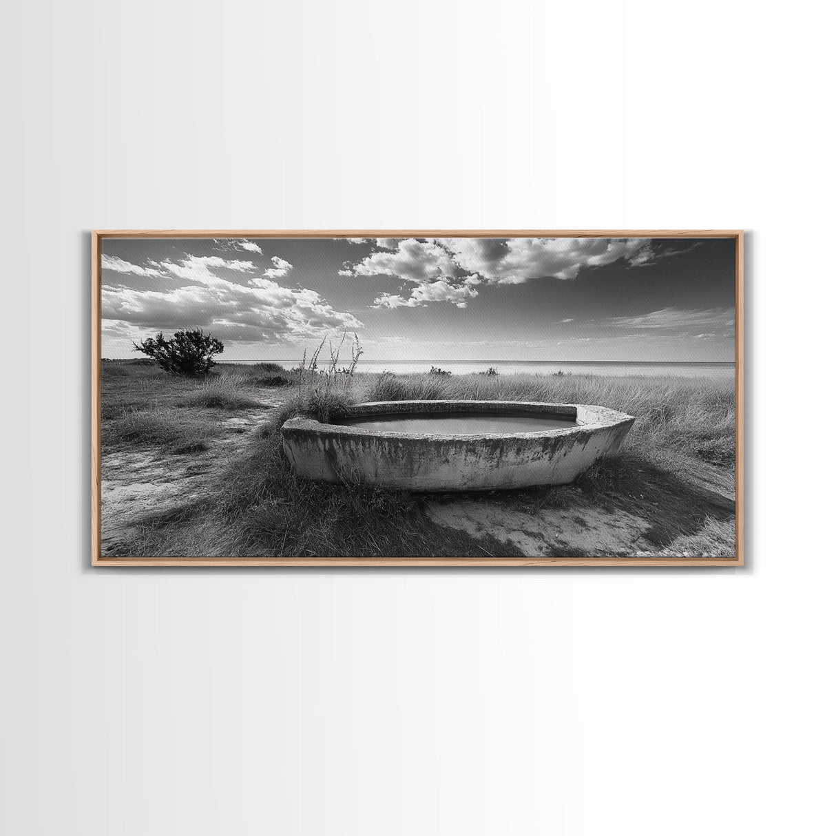 Concrete Trough, Coastal Horizon, Grassy Shoreline, Canvas Print, Rustic Farmhouse Bathroom Art, Minimalist Nature, Fall Beach Wall Decor
