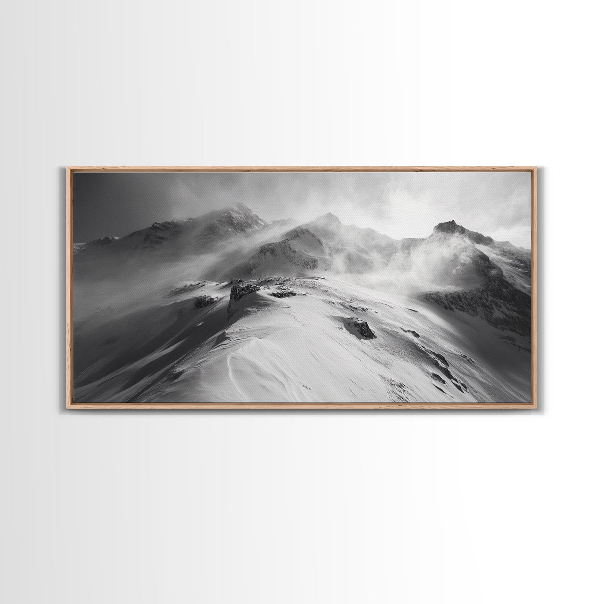 Snowy Peak, Windy Mountain, Winter Landscape, Framed Canvas Print, Black and White Art, Cabin Wall Decor, Moody Alpine Art, Rustic Wall Art