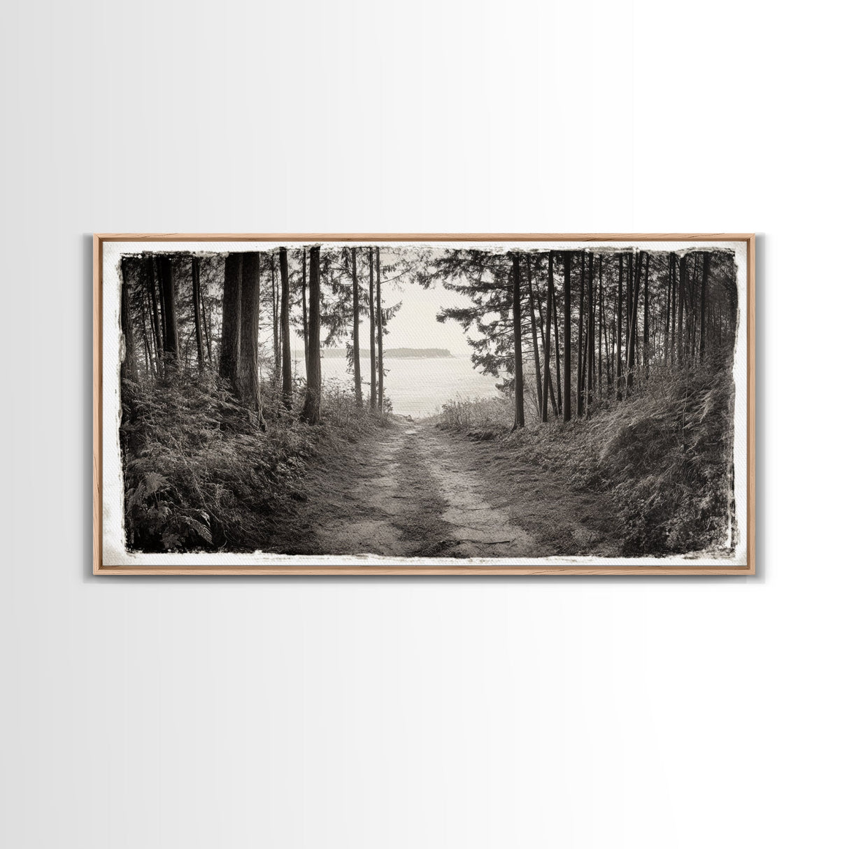 Forest Path, Island View, Vintage Border, Nature Trail, Canvas Print, Sepia Landscape Art, Entryway Wall Art, Woodland Photography Style