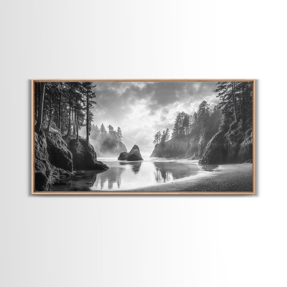 Forest Coast, Secluded Beach, Ocean Rocks, Misty Trees, Framed Canvas Print, Nature Wall Art, Living Room Decor, Moody Landscape