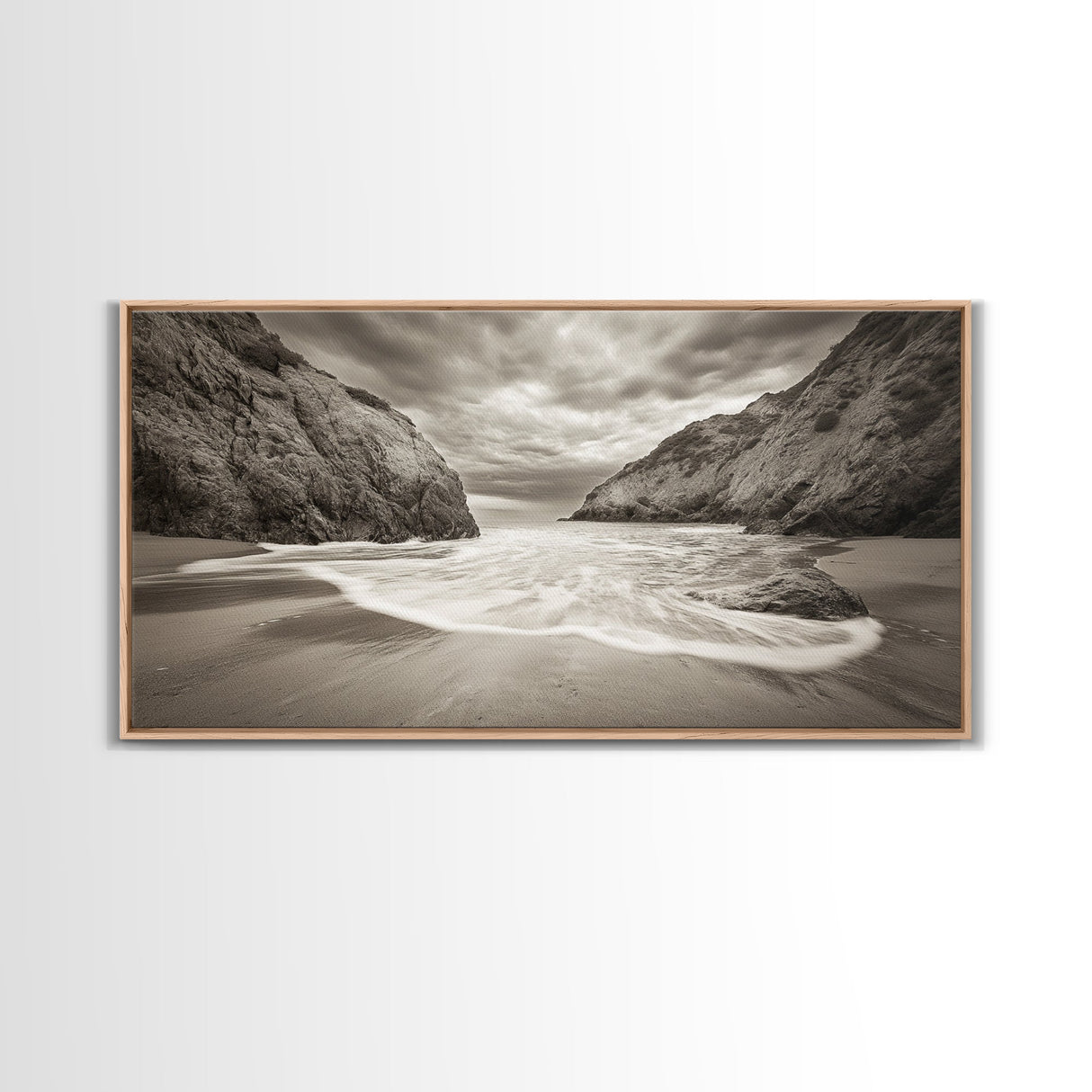 Secluded Beach Cove, Coastal Seascape, Sepia Landscape Art, Framed Canvas Print, Bathroom or Bedroom Wall Decor, Nature Inspired