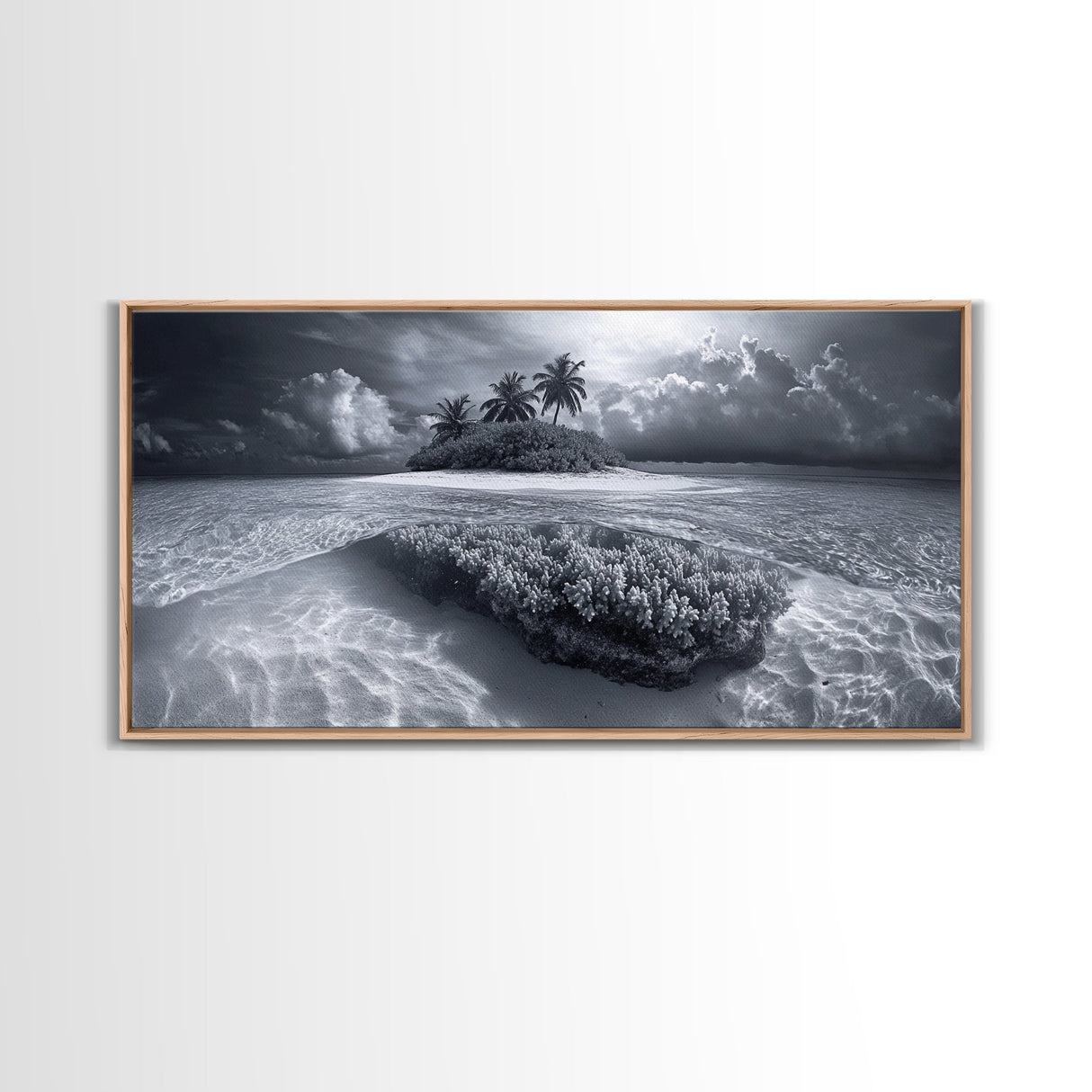 Coral Island, Tropical Ocean, Underwater Reef, Clear Sea, Framed Canvas Print, Beach House Art, Coastal Living Room Decor, Office Wall Decor
