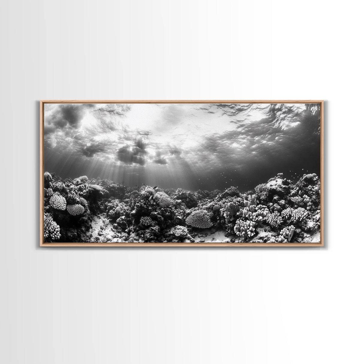 Coral Reef, Ocean Depths, Sunlight Rays, Marine Life, Canvas Print, Minimalist Nature Art, Bathroom Decor, Underwater Scene, Bedroom Wall Art