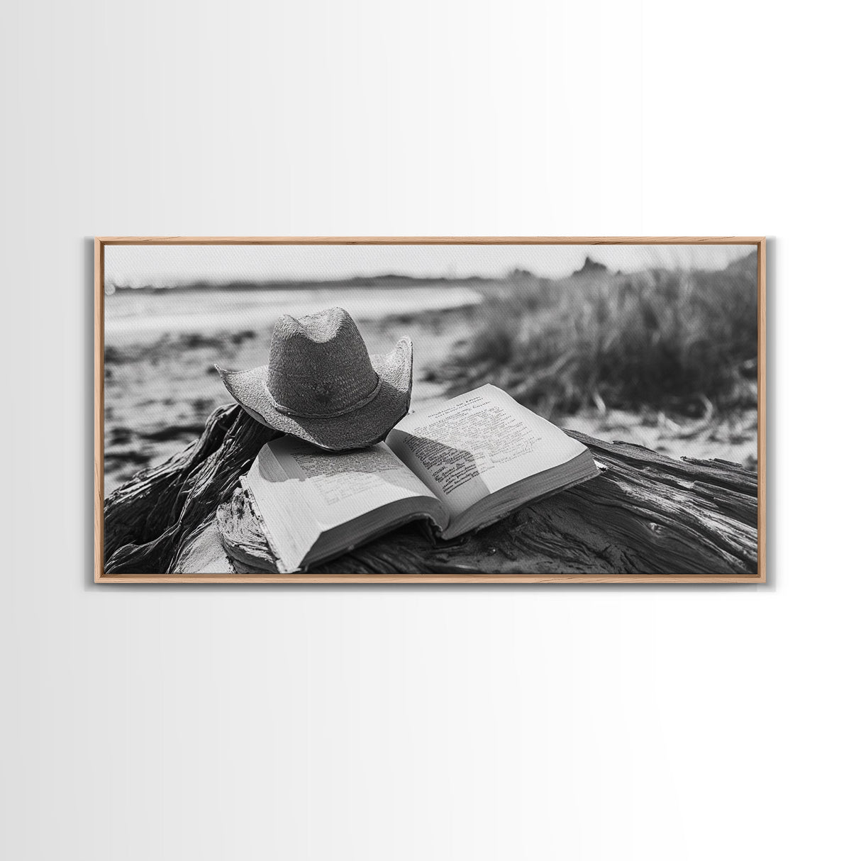 Open Book, Cowboy Hat, Driftwood Beach, Peaceful Shore, Canvas Print, Western Boho Art, Reading Nook Wall Decor, Fall Vibes, Office Wall Decor