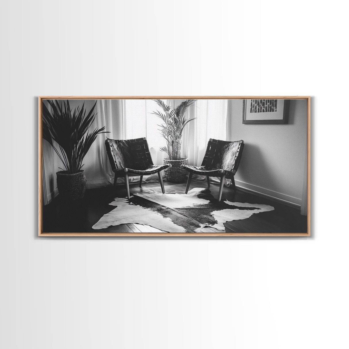 Leather Chairs, Cowhide Rug, Indoor Plants, Modern Farmhouse, Framed Canvas Print, Minimalist Living Room Art, Cozy Home Decor