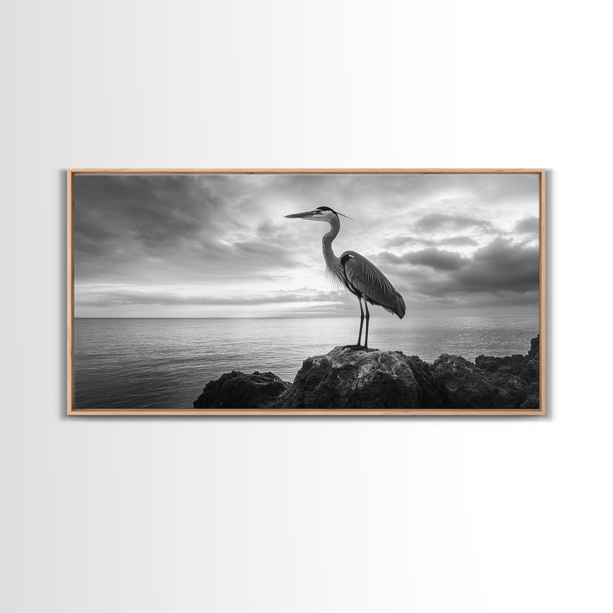 Heron Bird, Ocean Rock, Serene Wildlife, Canvas Print, Coastal Wall Art, Modern Farmhouse Decor, Minimalist Animal Scene