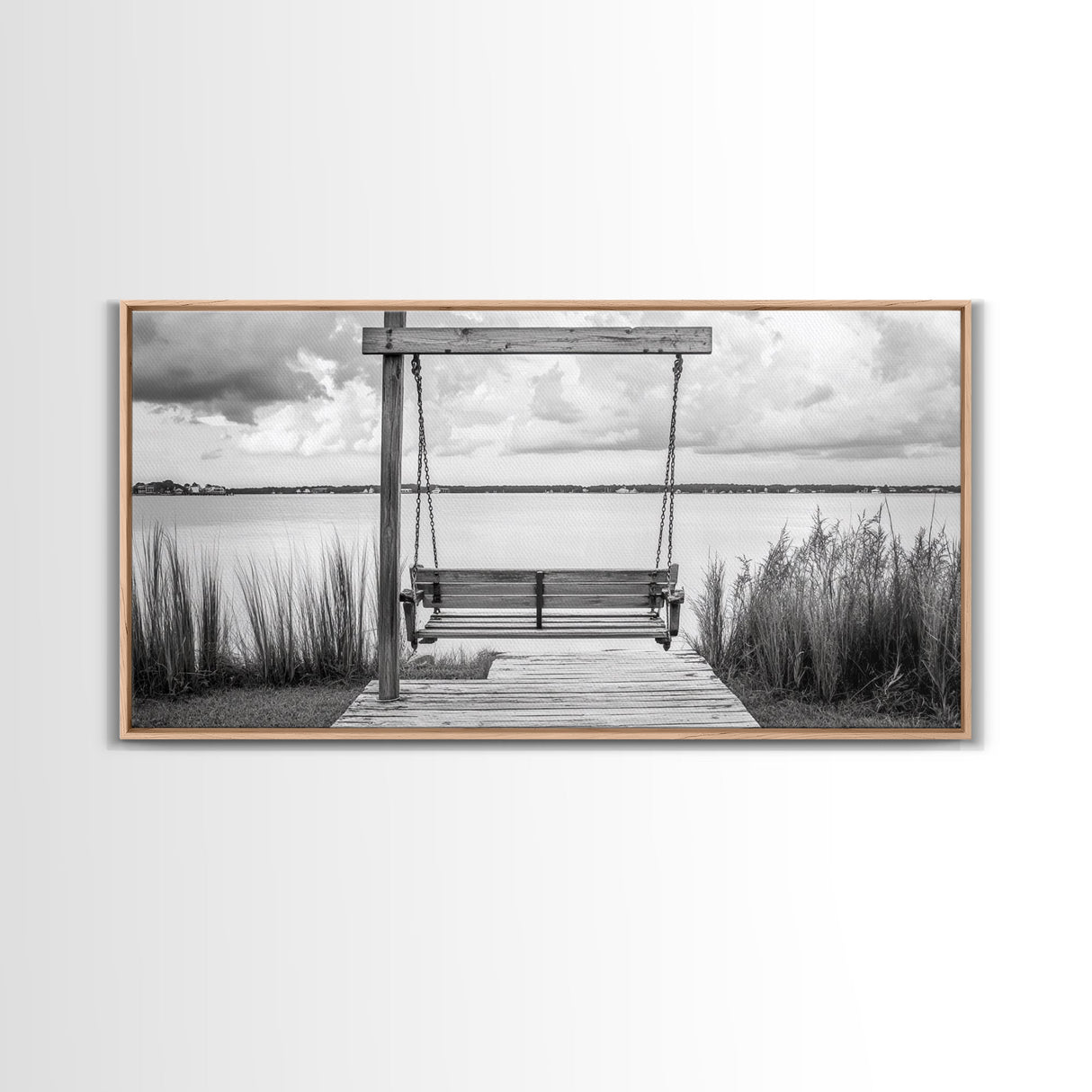 Rustic Lake Swing, Tranquil Nature Scene, Porch Art, Landscape Photography, Framed Canvas Print, Country Decor, Living Room Wall Art