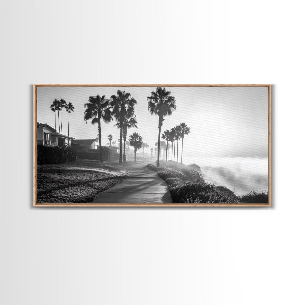 Palm Tree Pathway, Beachfront Neighborhood Vibes, Coastal Street Scene, Framed Canvas Print, Entryway Art, Minimalist Coastal Home Decor