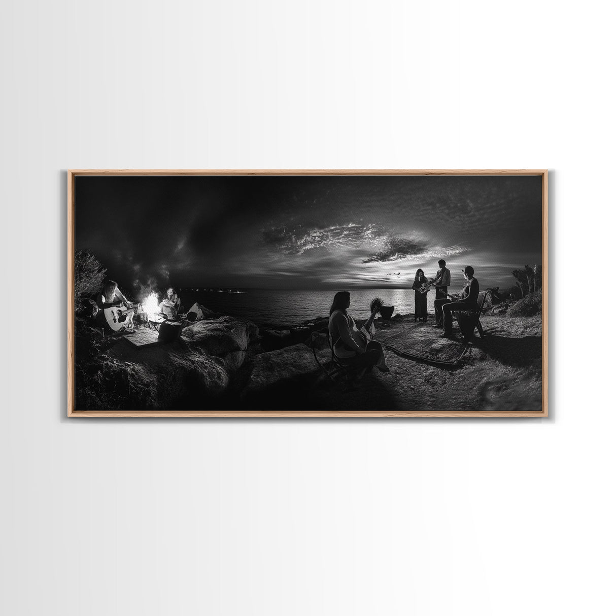 Campfire Gathering, Boho Night Vibes, Music Outdoors Scene, Framed Canvas Print, Living Room Wall Art, Folk Rustic Aesthetic