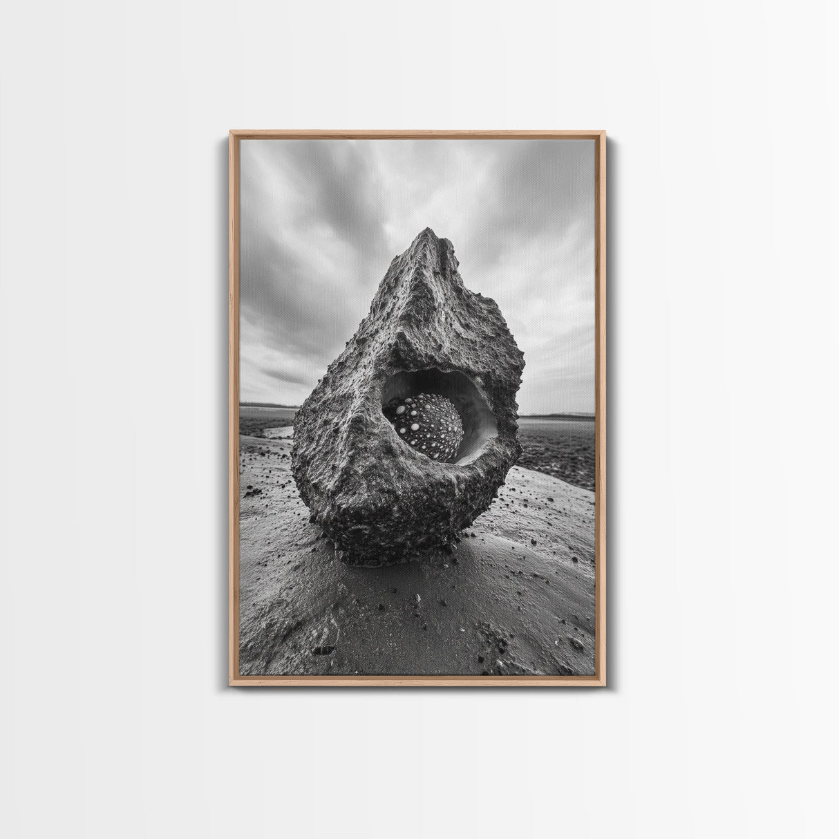 Sea Orb Rock, Coastal Texture, Ocean Shell Art, Framed Canvas Print, Beach House Wall Decor, Abstract Nature, Nautical Art Piece
