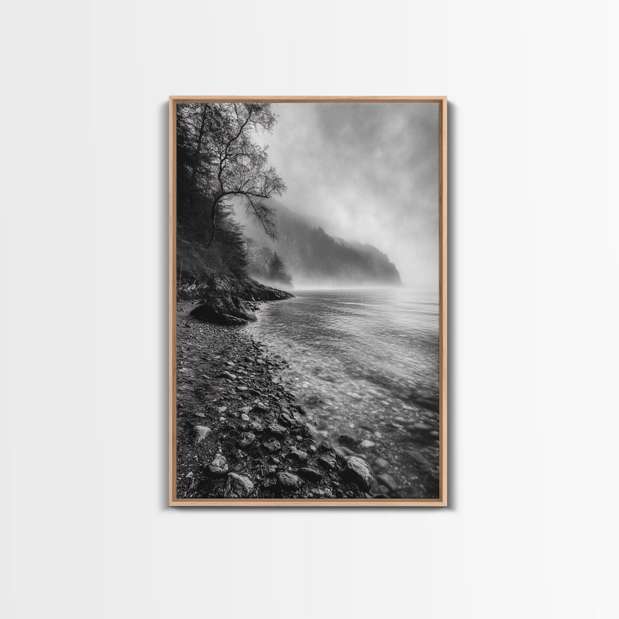 Foggy Coast, Moody Shore, Tranquil Pebbles, Forest Water, Framed Canvas Print, Bathroom Wall Art, Nature Photography Style, Calm Retreat Decor