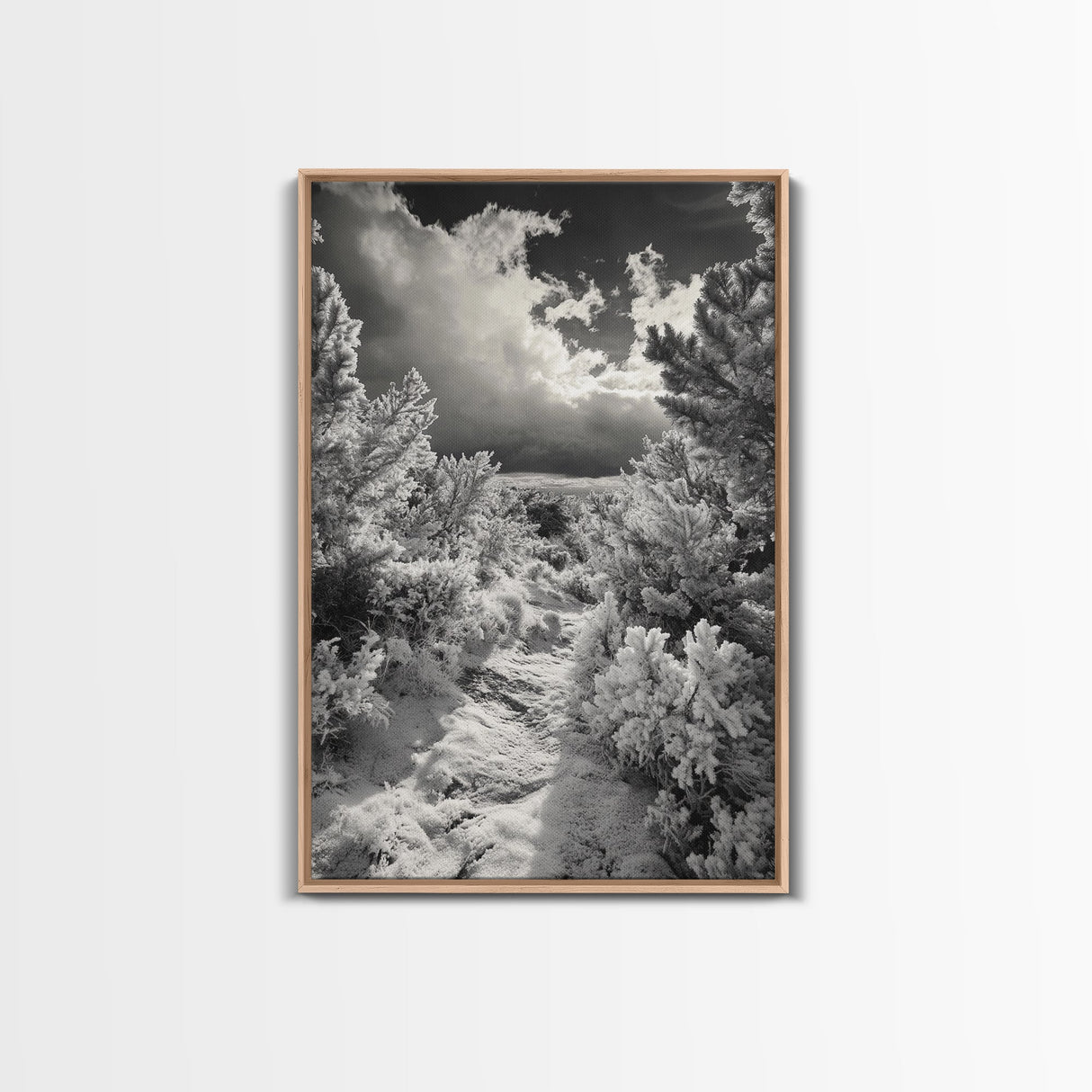 Snowy Pine Path, Winter Forest Light, Frozen Landscape Art, Canvas Print, Holiday Wall Art, Minimalist Winter, Nordic Style Decor
