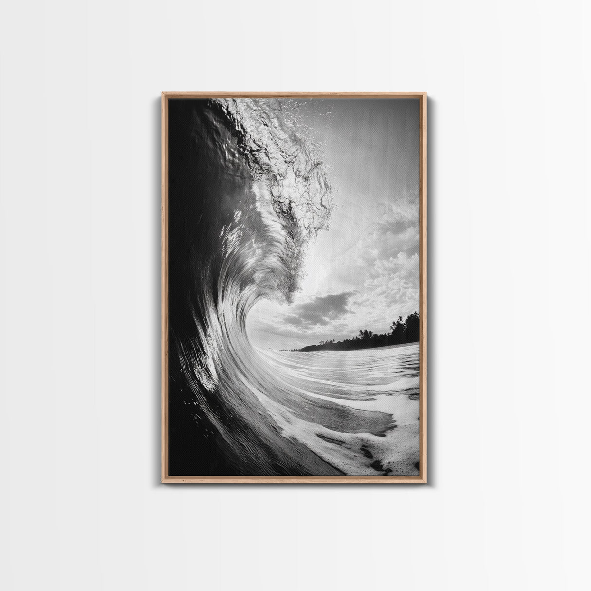 Ocean Wave Curl, Sea Barrel Art, Surf Power Print, Framed Canvas Print, Bathroom Wall Art, Modern Beach Decor, Black White Seascape