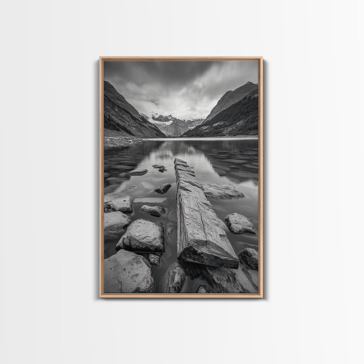 Mountain Lake Log, Alpine Serenity Scene, Tranquil Rock Shore, Canvas Print, Bedroom Wall Art, Nature Retreat, Minimalist Landscape