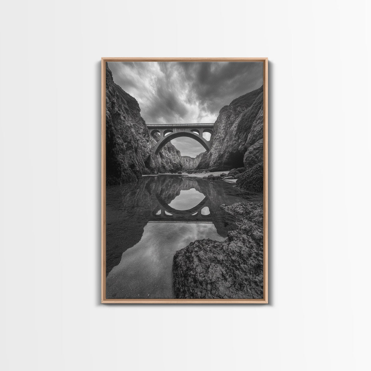 Stone Bridge, Reflections, River Archway, Nature Drama, Framed Canvas Print, Landscape Wall Art, Monochrome Photography, Entryway Art