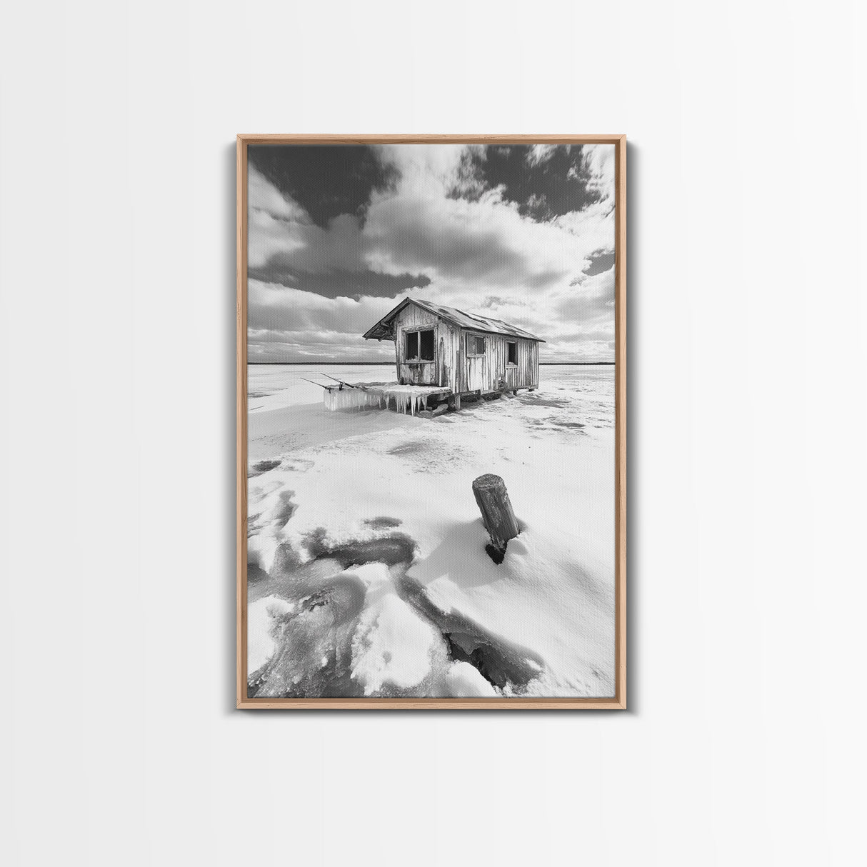 Frozen Cabin Scene, Snowy Landscape, Winter Monochrome, Canvas Print, Cabin Wall Art, Rustic Winter Decor, Nature Photography