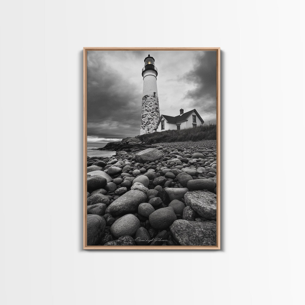 Lighthouse Shore Rocks, Coastal Beacon, Moody Clouds, Framed Canvas Print, Nautical Wall Art, Rustic Beach House Decor, Fall Storm Style