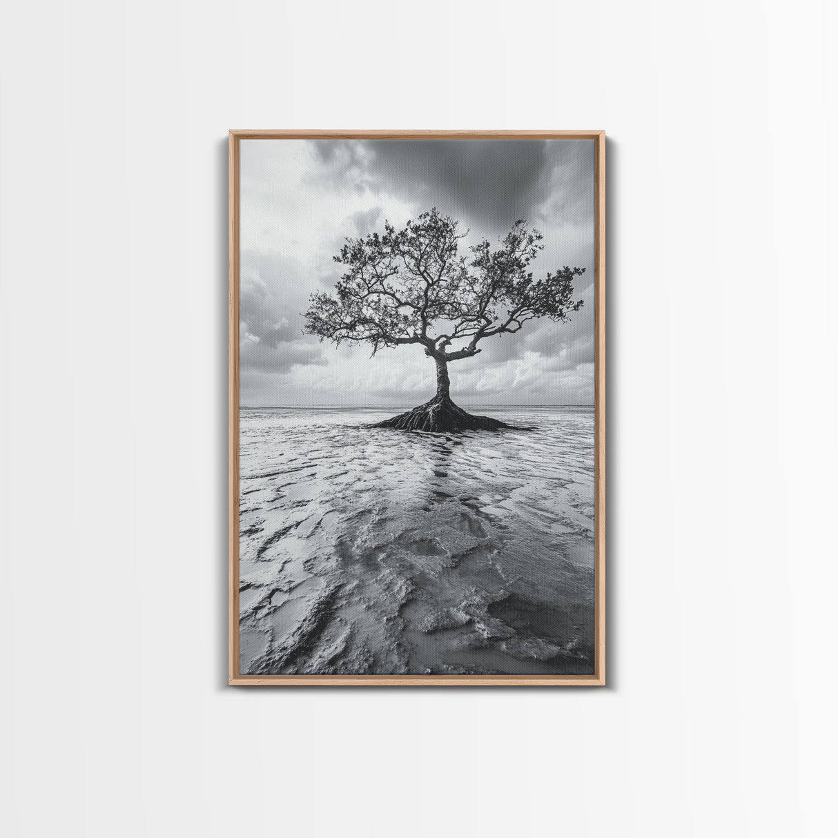 Lonely Tree, Coastal Roots, Ocean Breeze, Framed Canvas Print, Entryway Wall Art, Moody Nature Photography, Minimalist Earth Tones