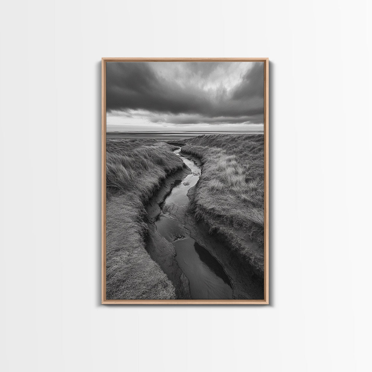 Winding Stream, Grassy Dunes, Ocean Horizon, Canvas Print, Kitchen Wall Art, Black and White Nature Scene, Coastal Rustic Decor