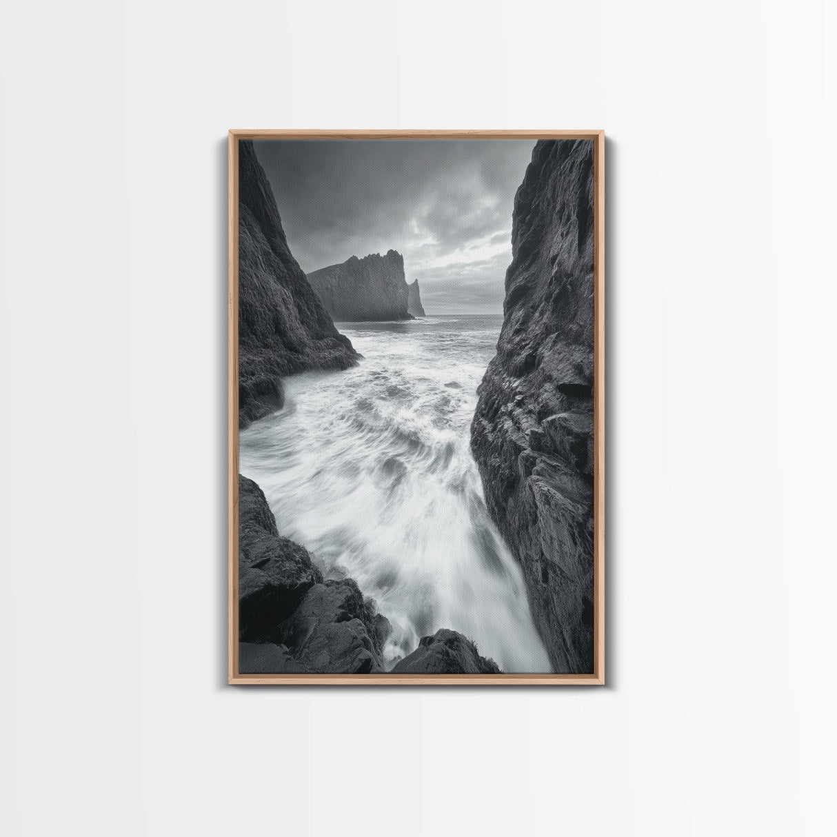 Stormy Coast, Crashing Waves, Ocean Drama, Framed Canvas Print, Living Room Wall Art, Bold Seascape Photography, Monochrome Modern Art