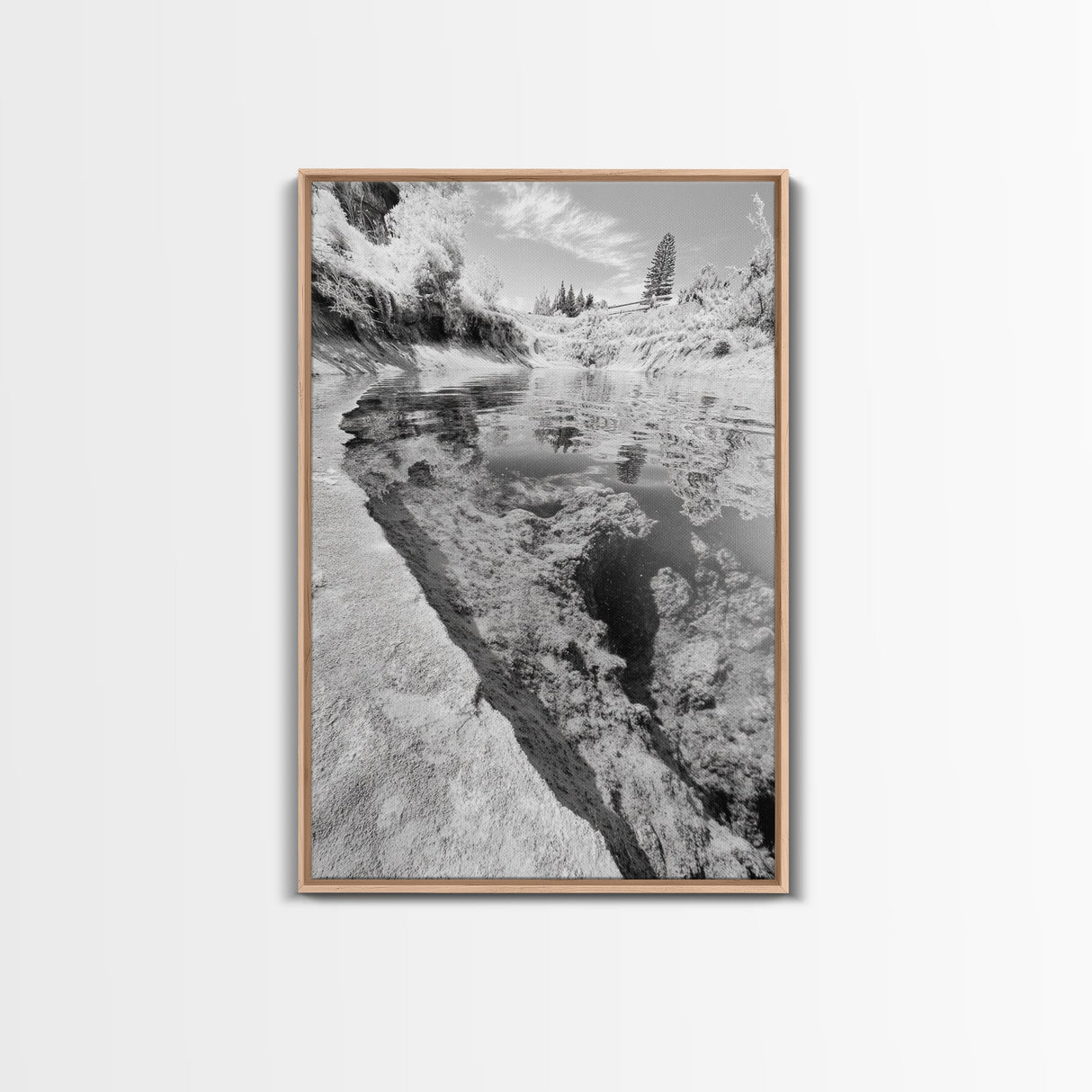 Reflective Riverbed, Nature Tranquility, Monochrome Landscape, Canvas Print, Bathroom Wall Art, Zen Decor, Fine Art Photography