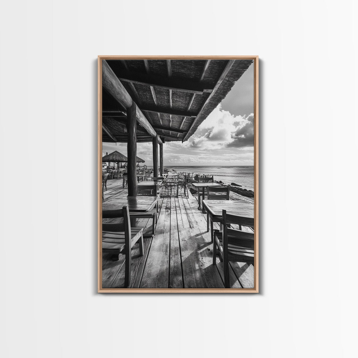 Seaside Café, Coastal Patio, Ocean View, Canvas Print, Rustic Kitchen Wall Art, Tropical Dining Decor, Travel Lifestyle Art