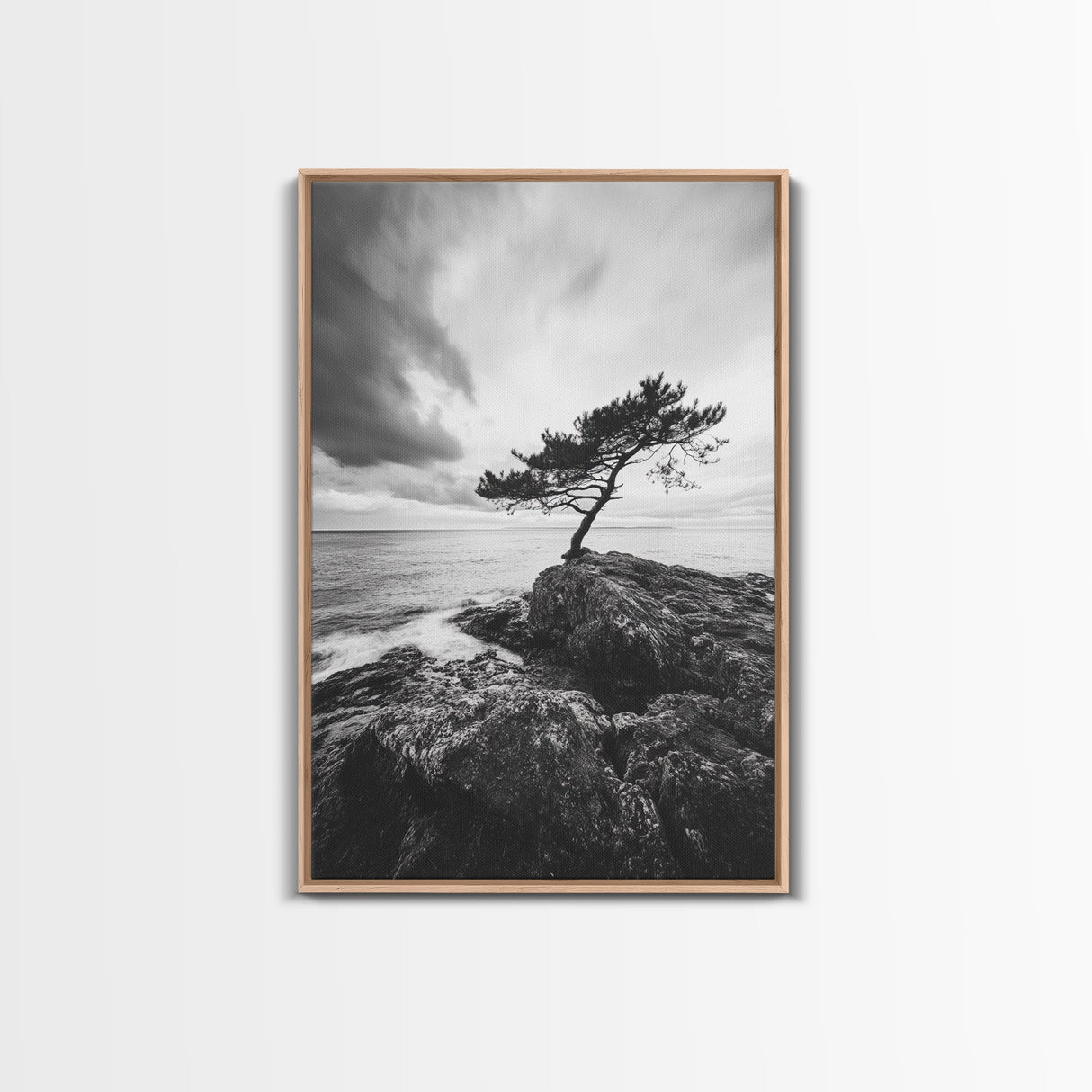 Lone Tree, Cliffside Ocean, Windy Coast Art, Framed Canvas Print, Bedroom Wall Art, Modern Nature Photography, Coastal Minimalist Decor