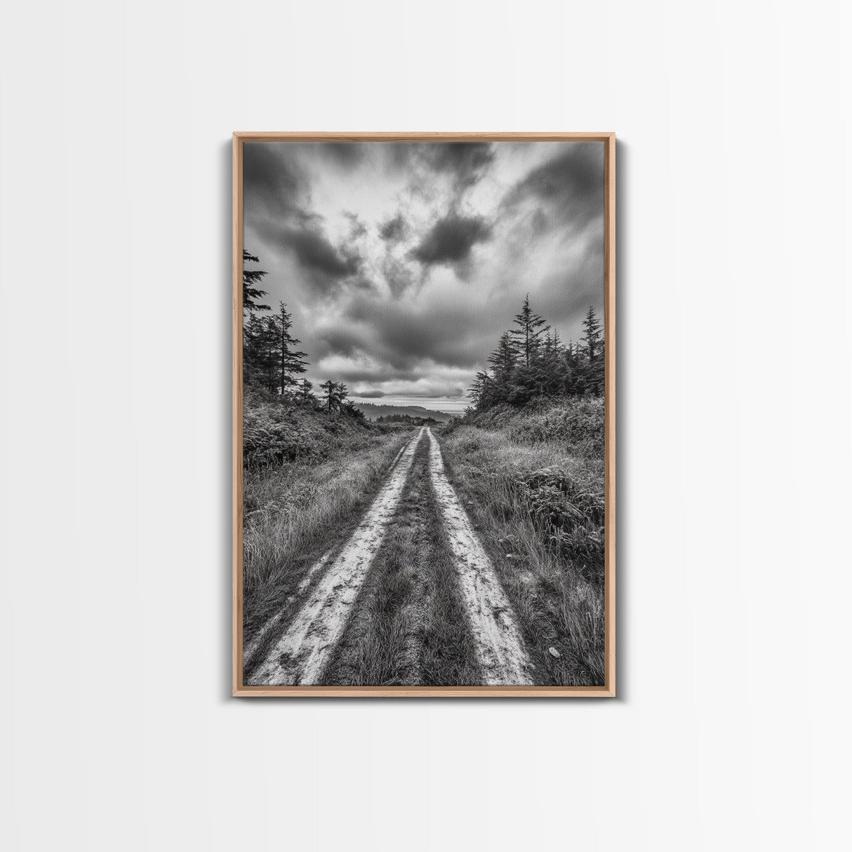 Forest Trail, Overcast Sky, Nature Pathway, Moody Landscape, Framed Canvas Print, Office Wall Art, Woodland Autumn Decor