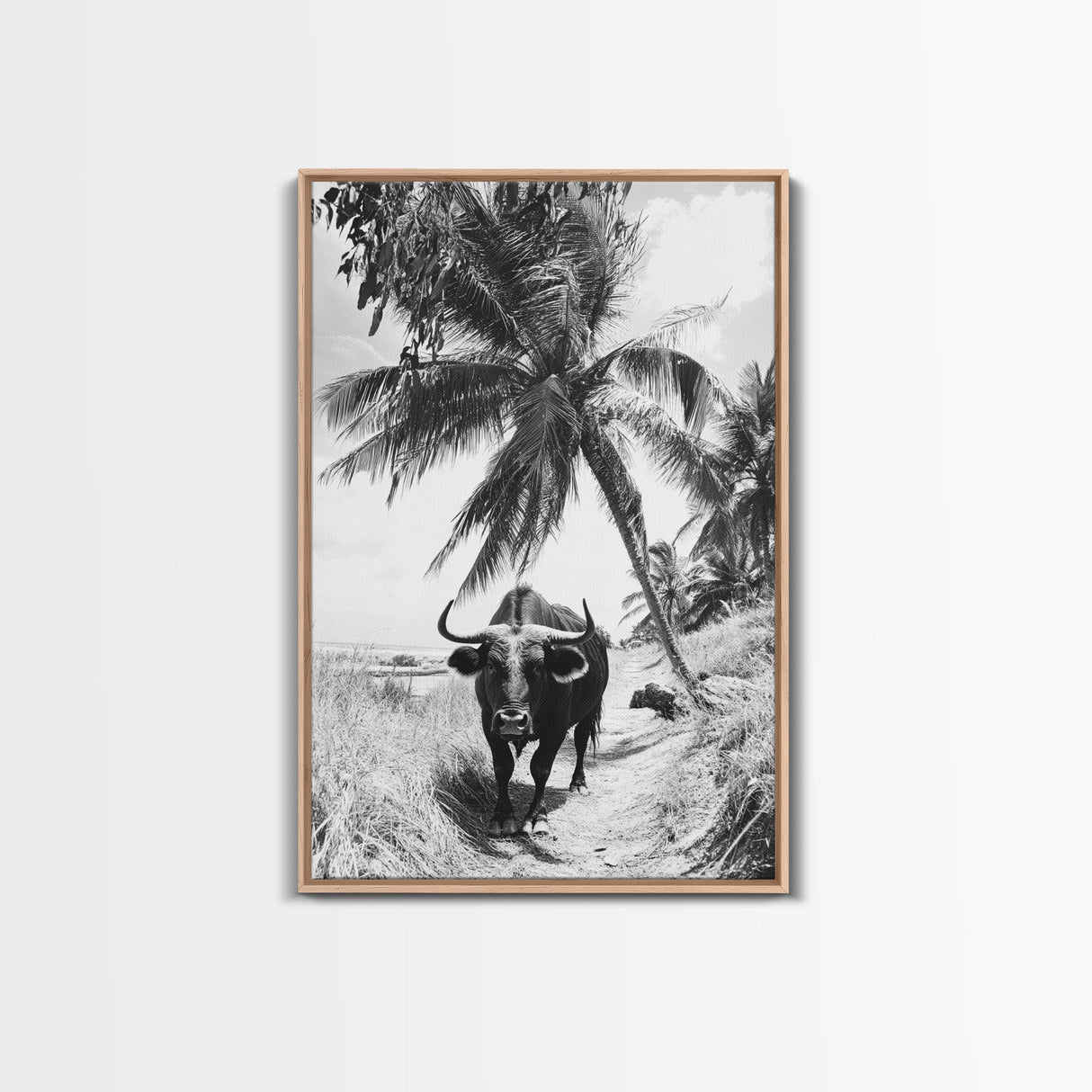 Tropical Bull, Palm Tree, Island Wildlife, Rural Photography, Framed Canvas Print, Kitchen Wall Art, Exotic Boho Decor, farmhouse decor