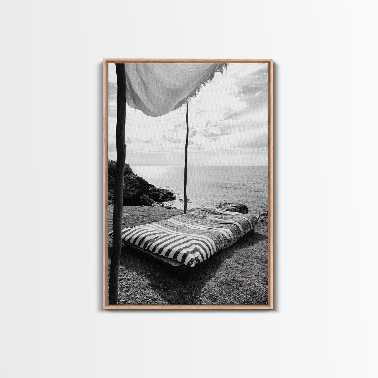 Seaside Nap, Minimal Daybed, Coastal Shade, Serene Moment, Canvas Print, Beach Bedroom Decor, Boho Seaside Art, Coastal Wall Style