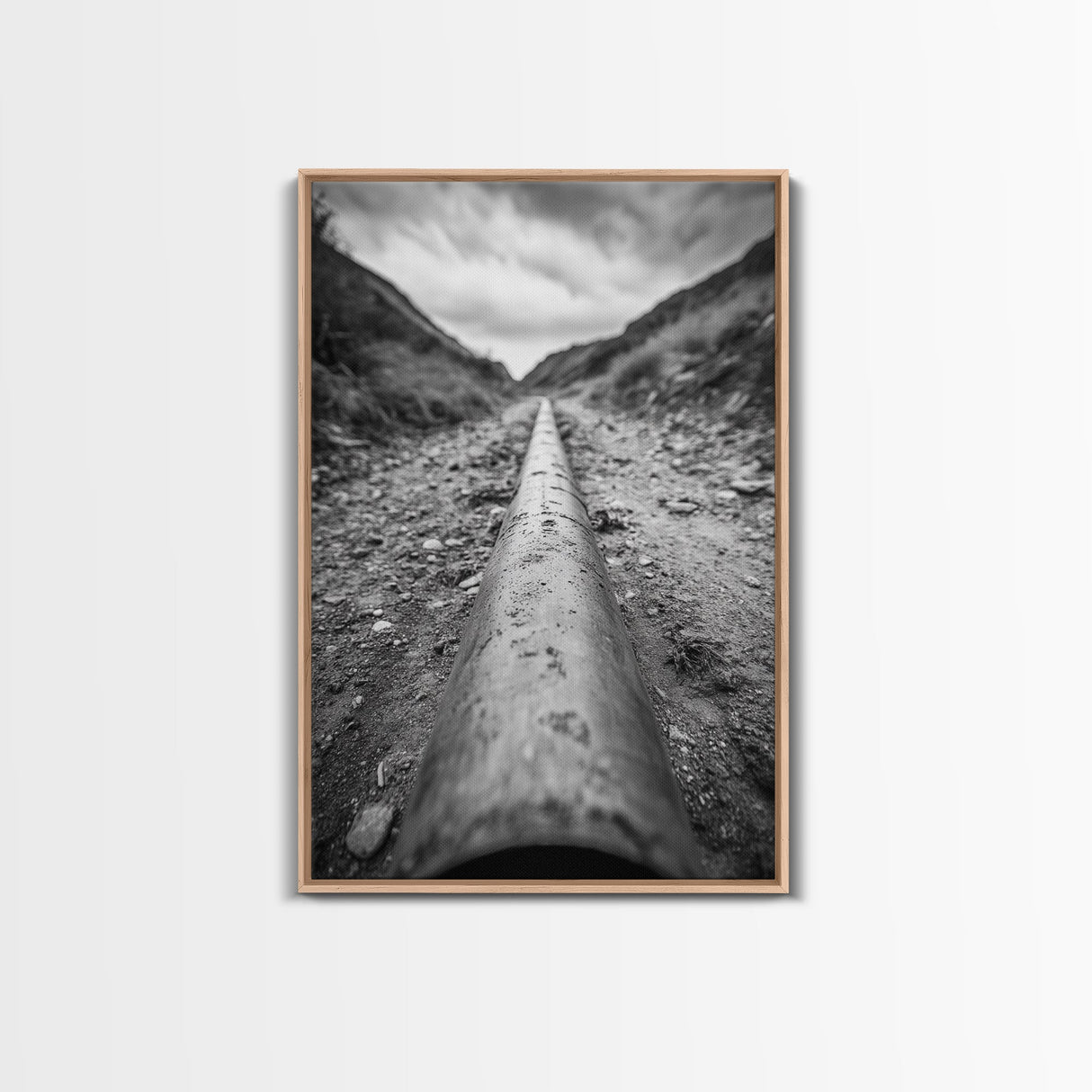 Industrial Line, Utility Pipe, Grunge Road, Canvas Print, Black White Photography, Modern Loft Decor, Urban Wall Art, Minimalist Style