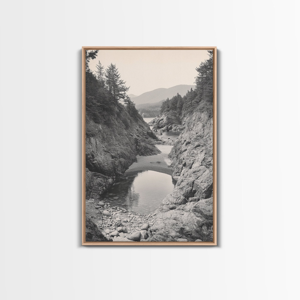 Forest Coast, Rocky Shore, Ocean View, Framed Canvas Print, Serene Nature Wall Art, Bathroom or Hallway Decor, Pacific Northwest Style