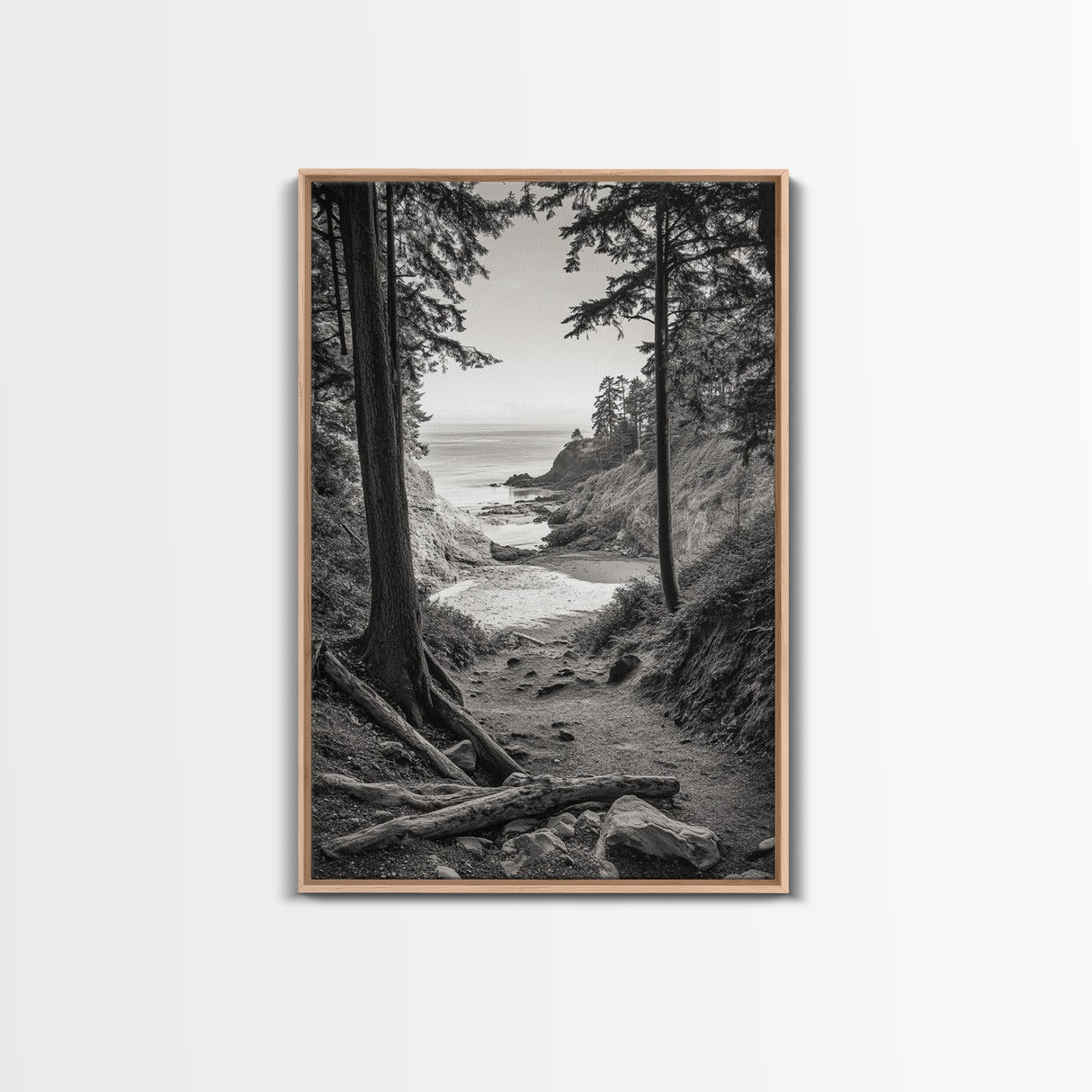 orest Cove, Ocean View, Pacific Trail, Framed Canvas Print, Coastal Nature Wall Art, Entryway Decor, Earthy Minimalist Photography