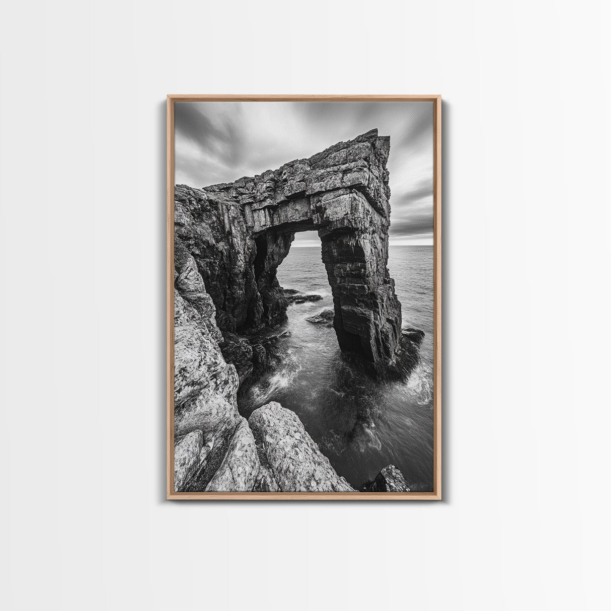 Sea Arch, Coastal Rock, Ocean Cliffside, Canvas Print, Dramatic Nature Wall Art, Living Room or Office Decor, Black White Seascape