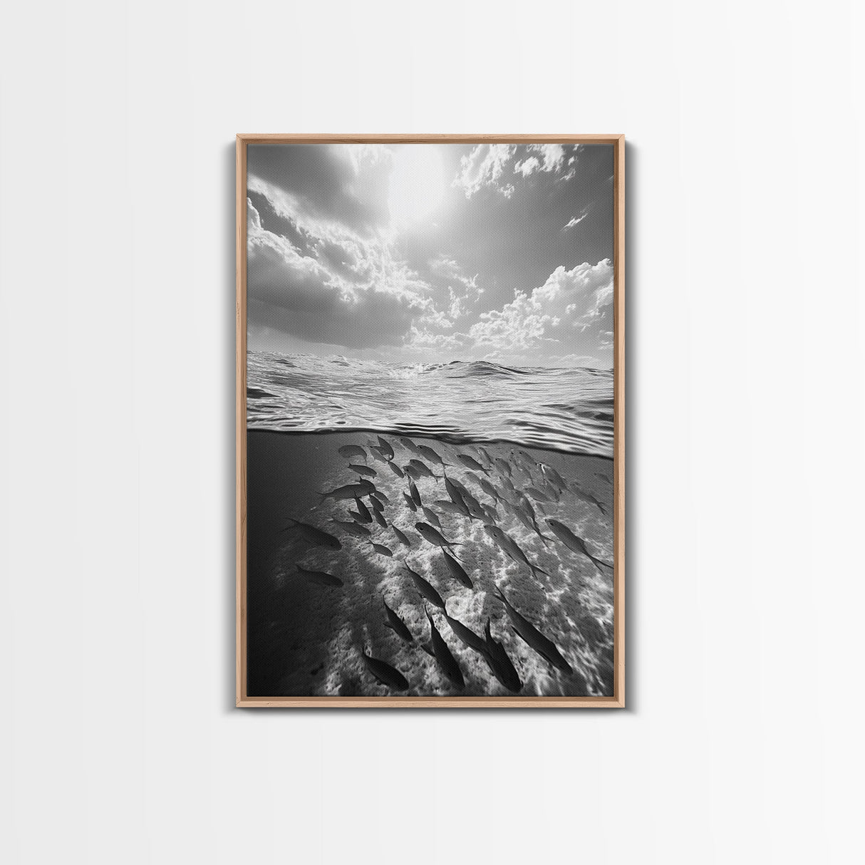 Underwater Scene, School of Fish, Ocean Photography, Split Shot Water, Framed Canvas Print, Bathroom Wall Art, Coastal Decor