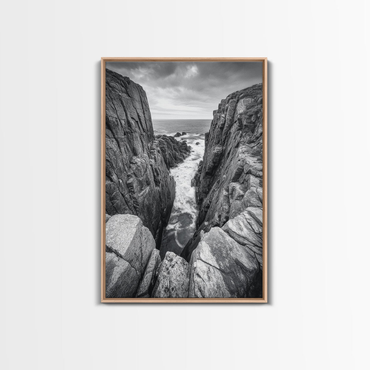 Ocean Cliff Pass, Rugged Coastal Rocks, Nature Power, Monochrome Framed Canvas Print, Moody Bathroom or Masculine Office Art