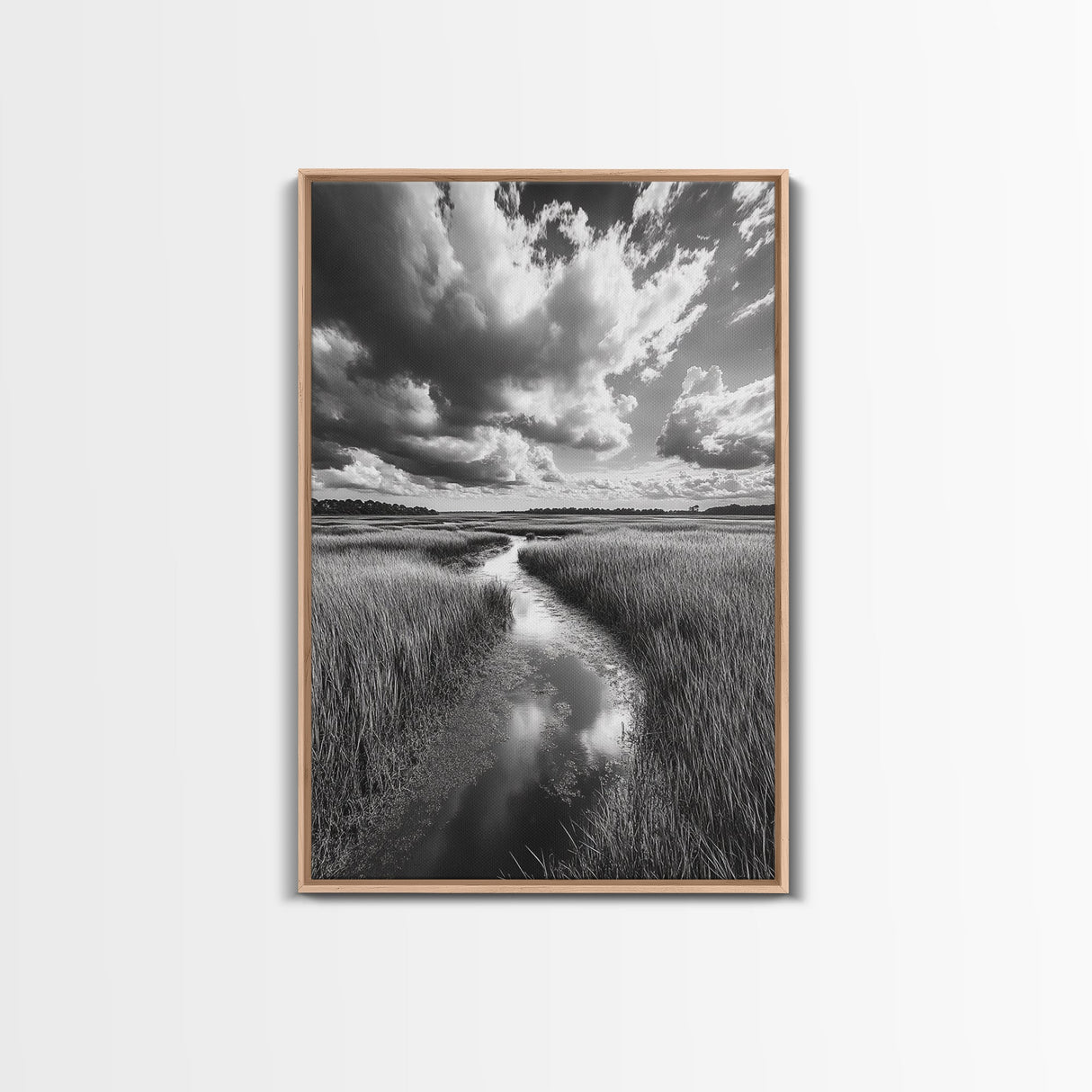 Marshland Stream, Dramatic Clouds, Nature Reflection, Canvas Print, Minimalist Landscape, Bathroom Art, Earthy Tones, Zen Mood